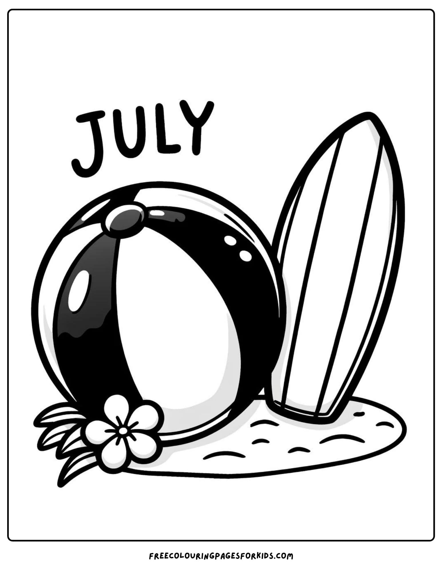 beach ball and surfboard july coloring page