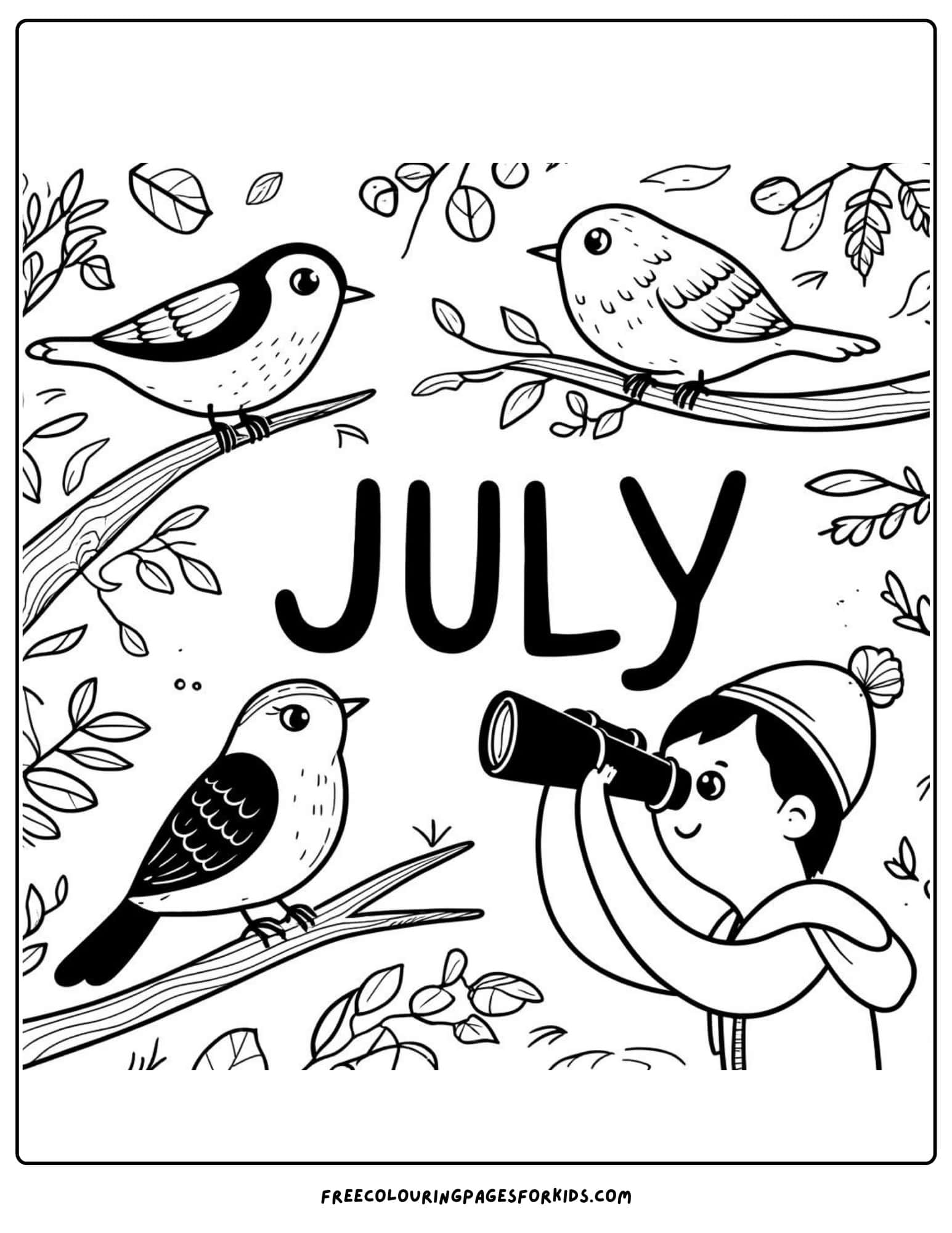 bird watching july coloring page