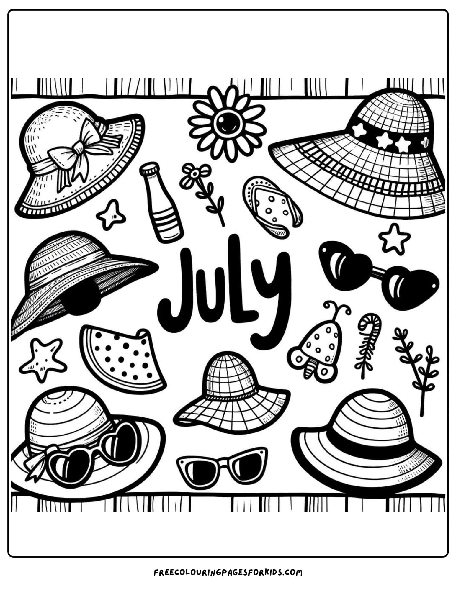 sunglasses and hats july coloring page