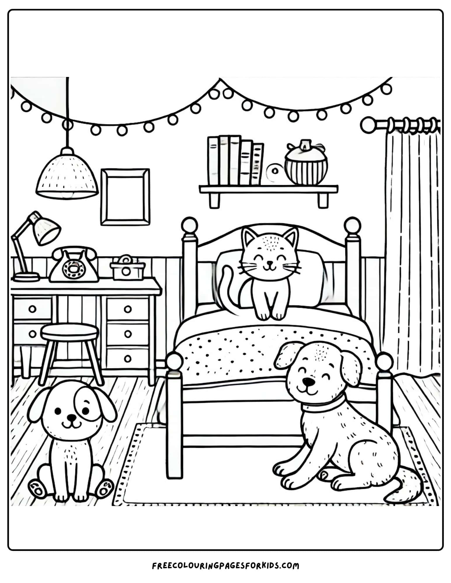 kids bedroom animals in the bed coloring page