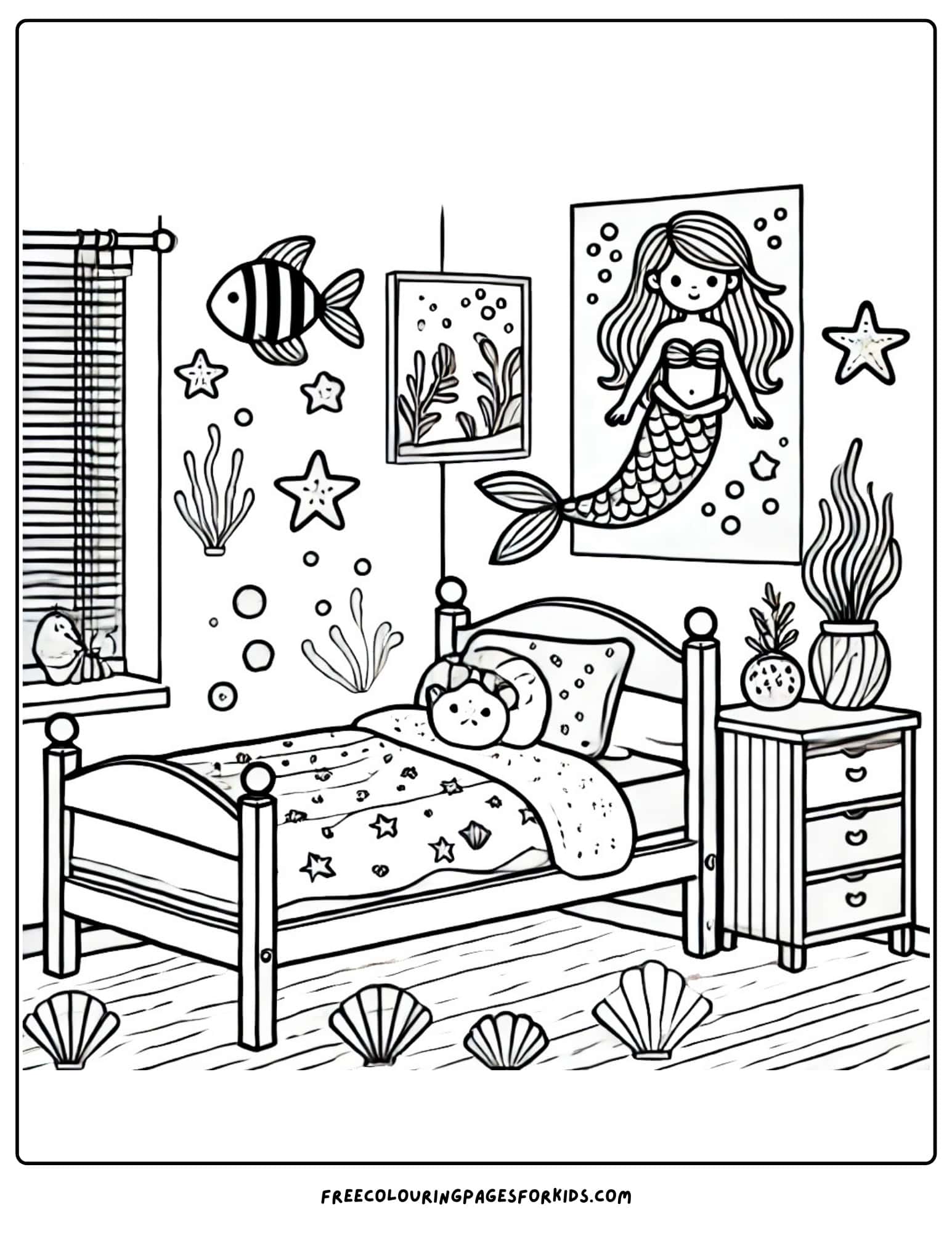 kids bedroom mermaid theme coloring page