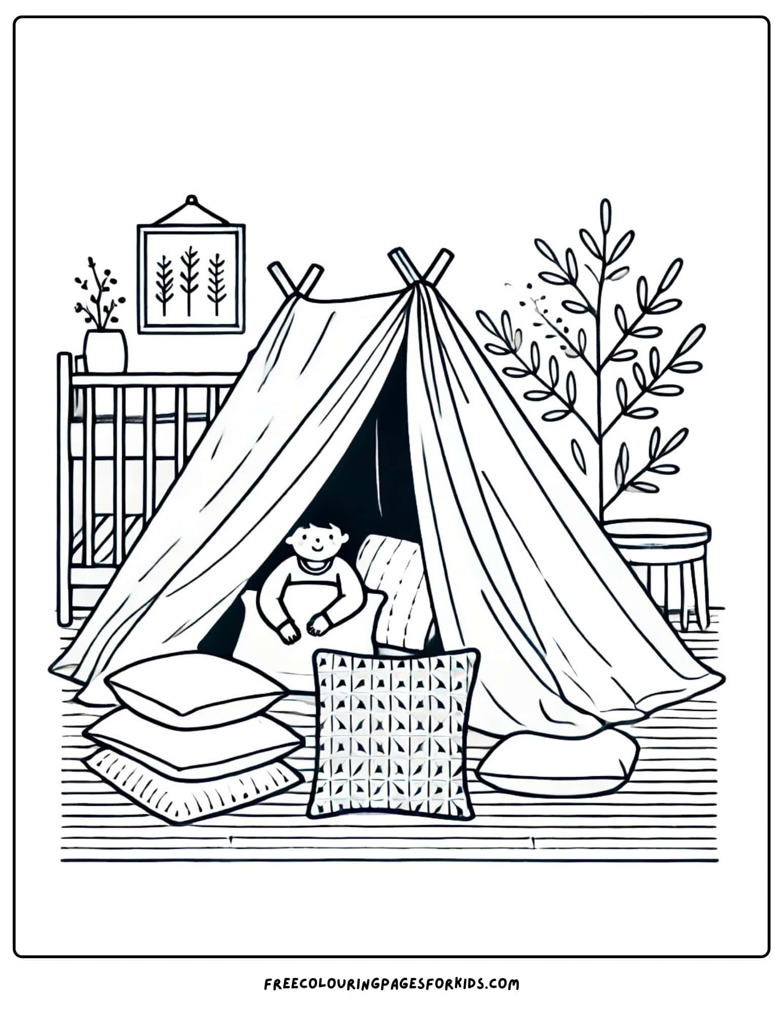 kids bedroom pillow fort coloring page