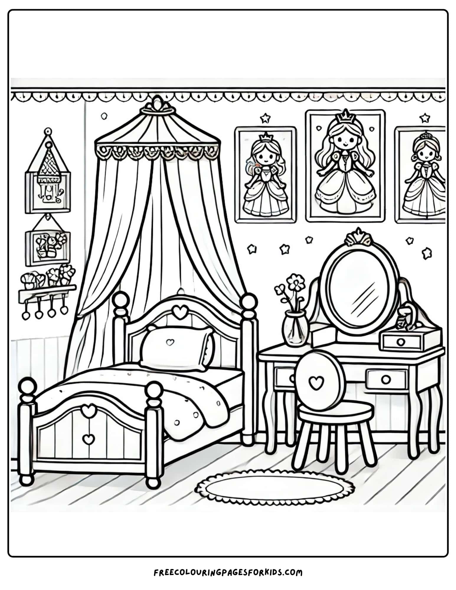 kids bedroom princess theme coloring page