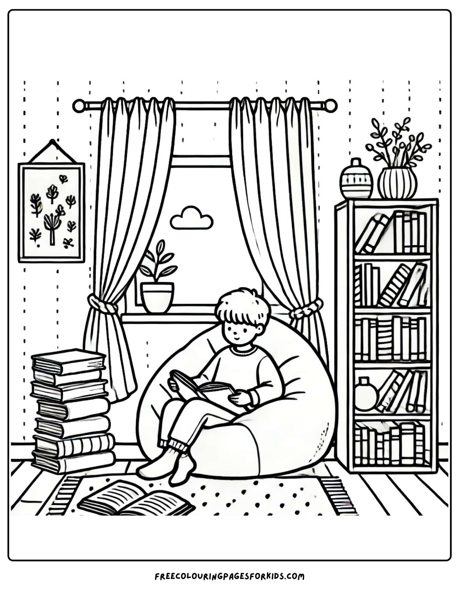 kids bedroom reading corner coloring page