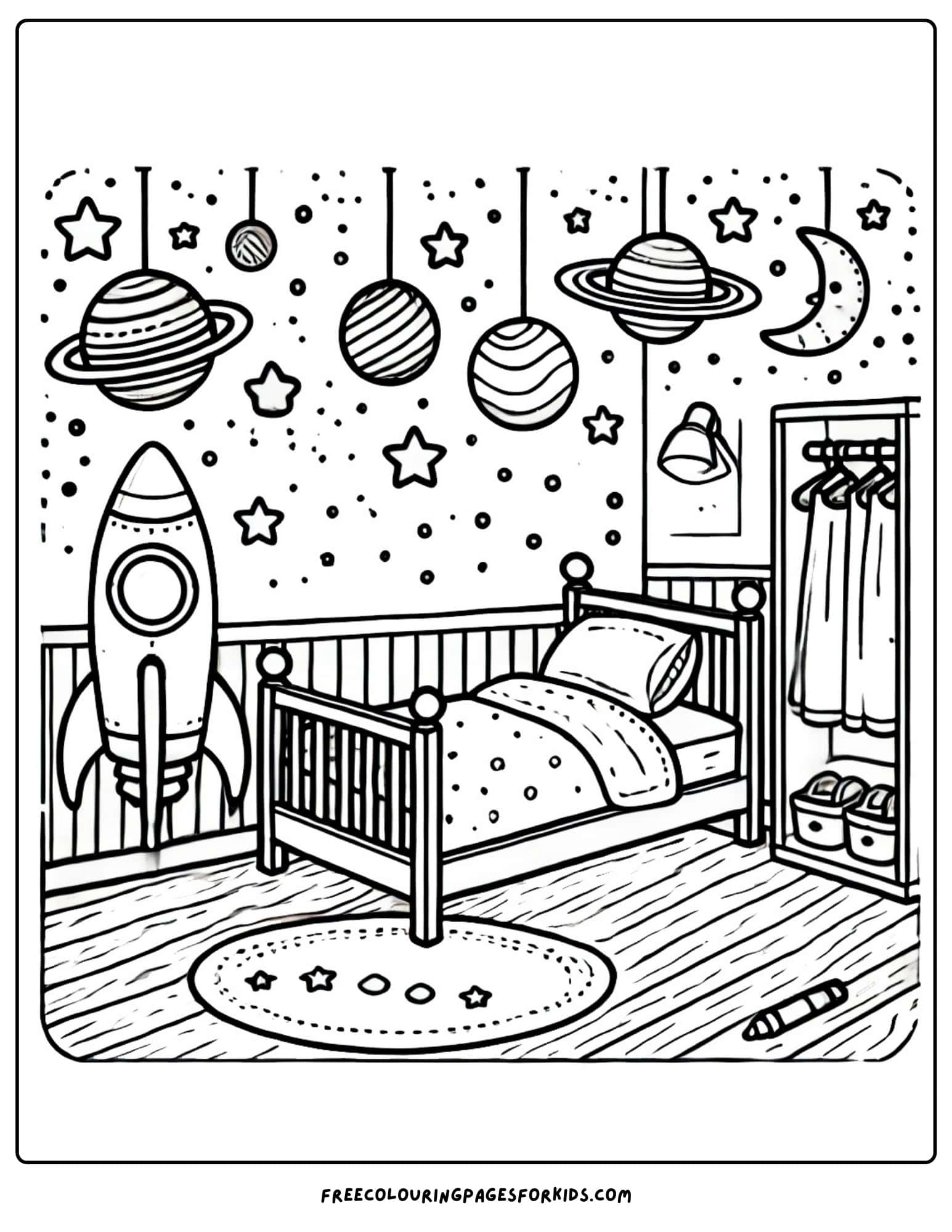 kids bedroom space theme coloring page