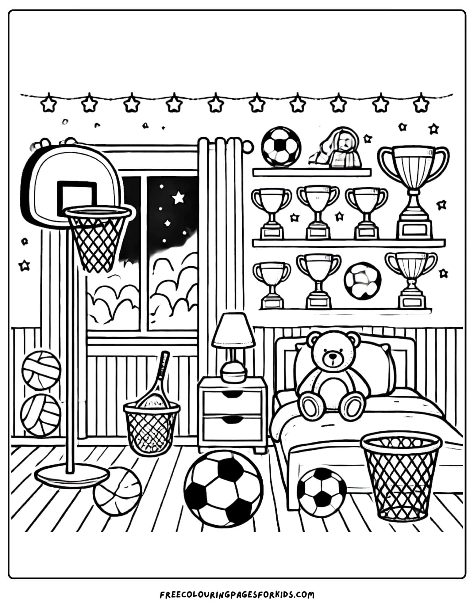 kids bedroom sports theme coloring page