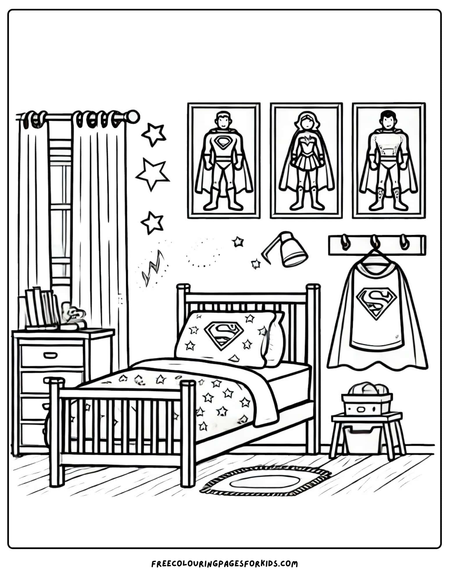 kids bedroom superhero theme coloring page