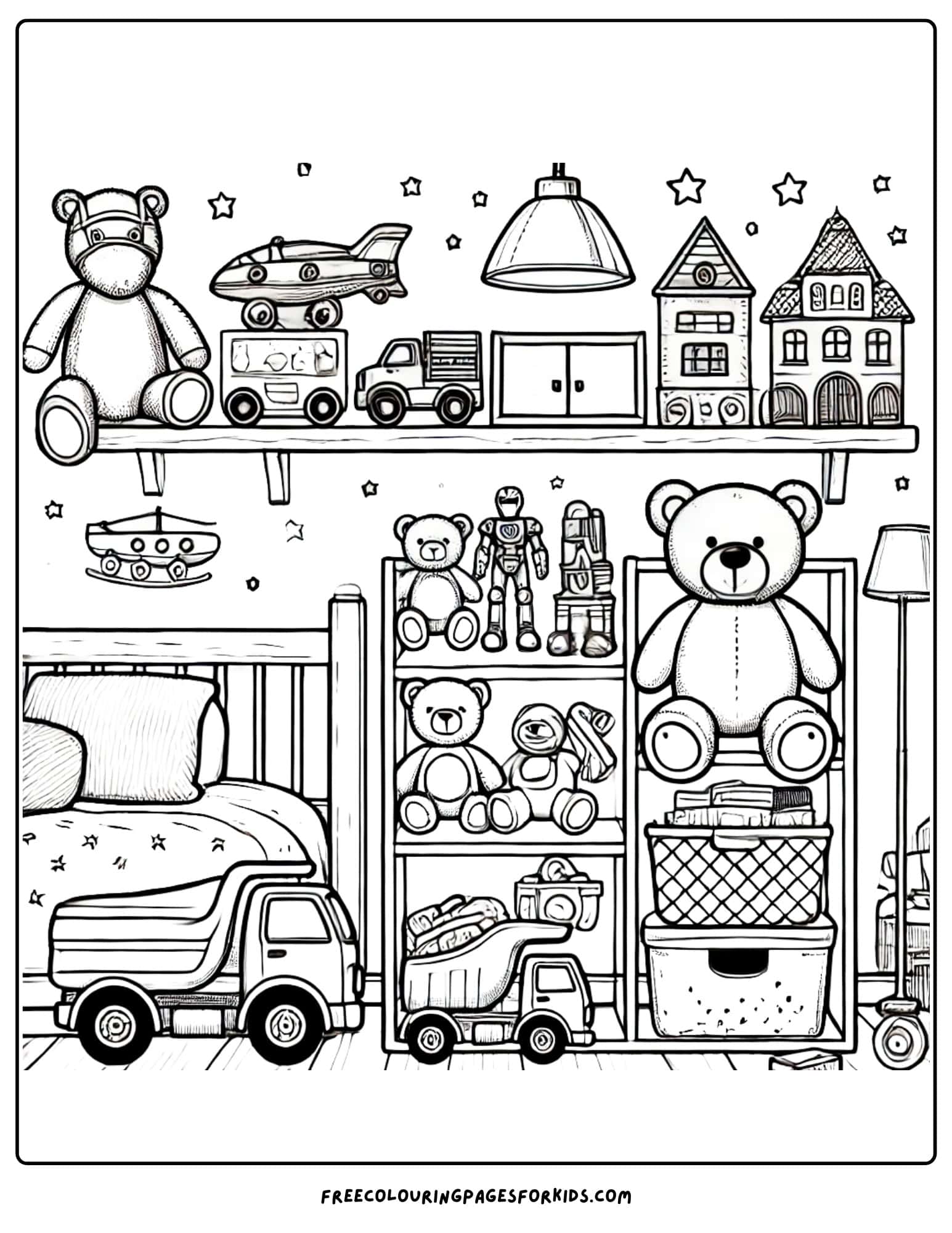 kids bedroom toy shelf coloring page