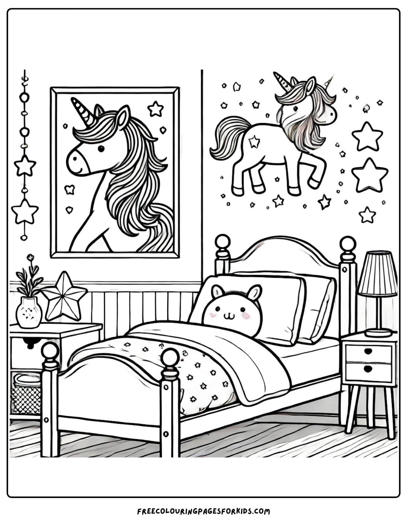 kids bedroom unicorn theme coloring page