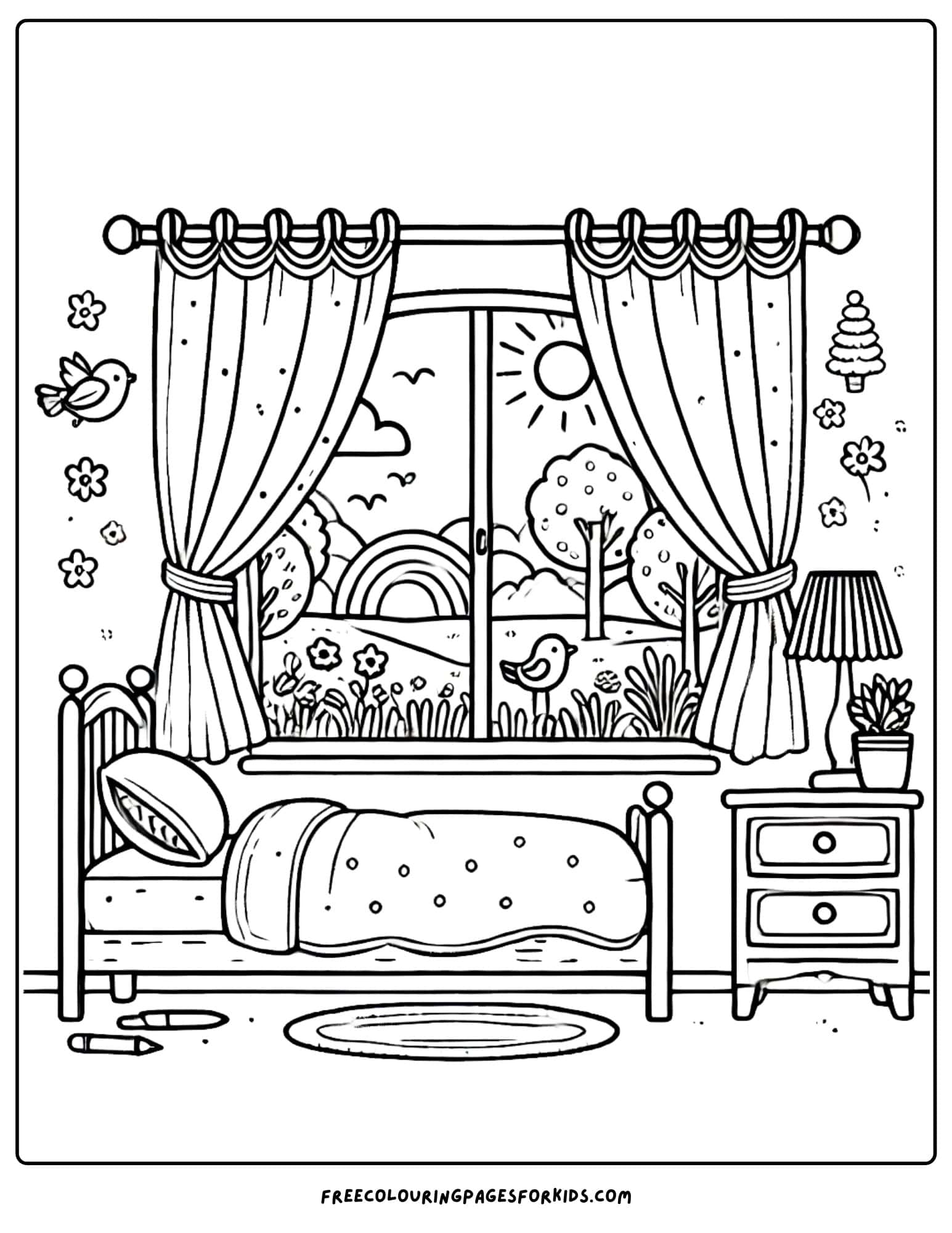 kids bedroom window view coloring page