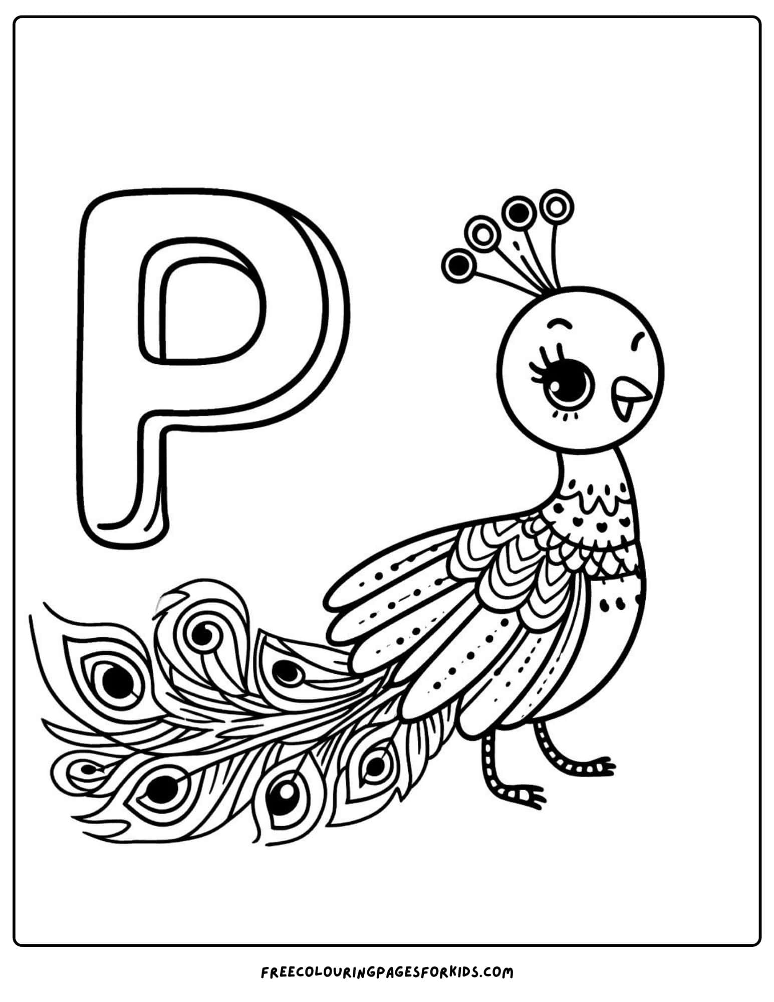 letter P for peacock coloring page