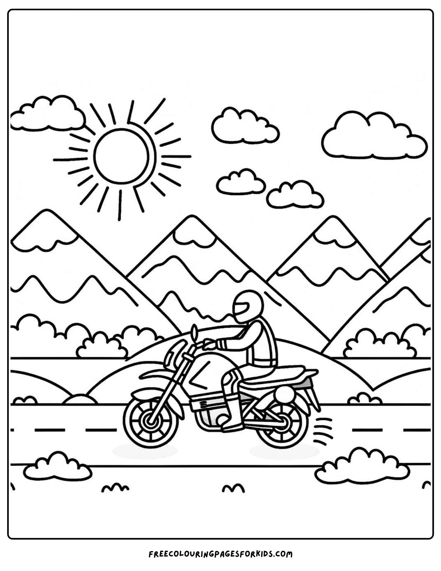 motorbike and mountains coloring page