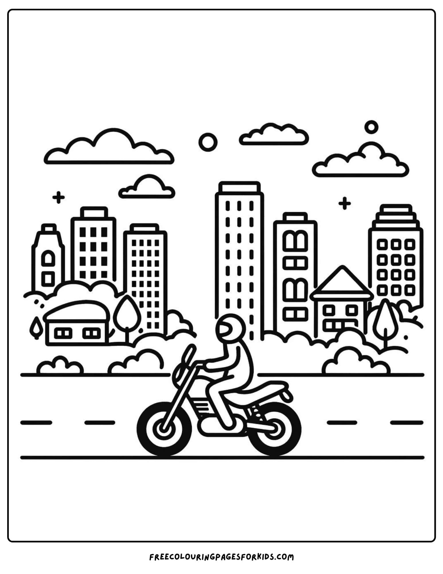 motorbike riding in a city coloring page