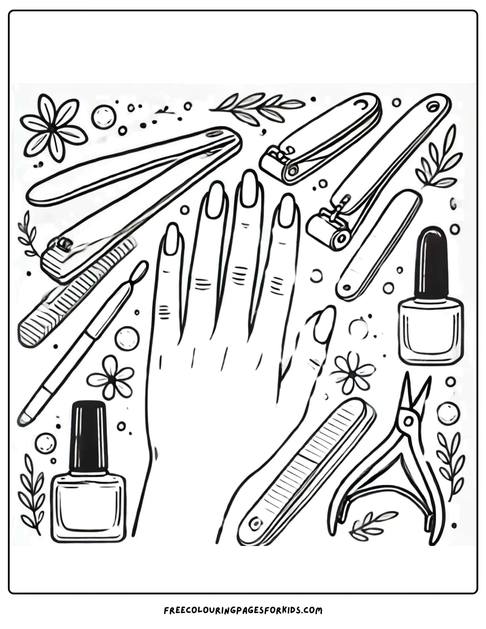 a fancy manicure tools set with hand and nails coloring page