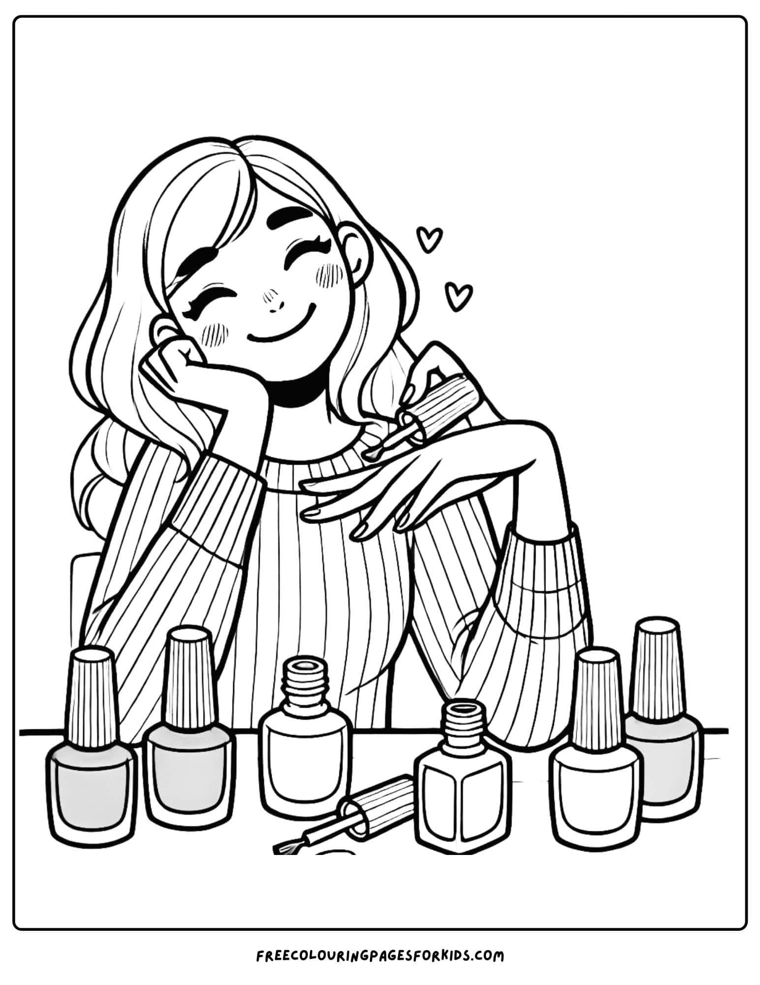 a girl doing her nails with nail polish bottles on the table in front of her coloring page