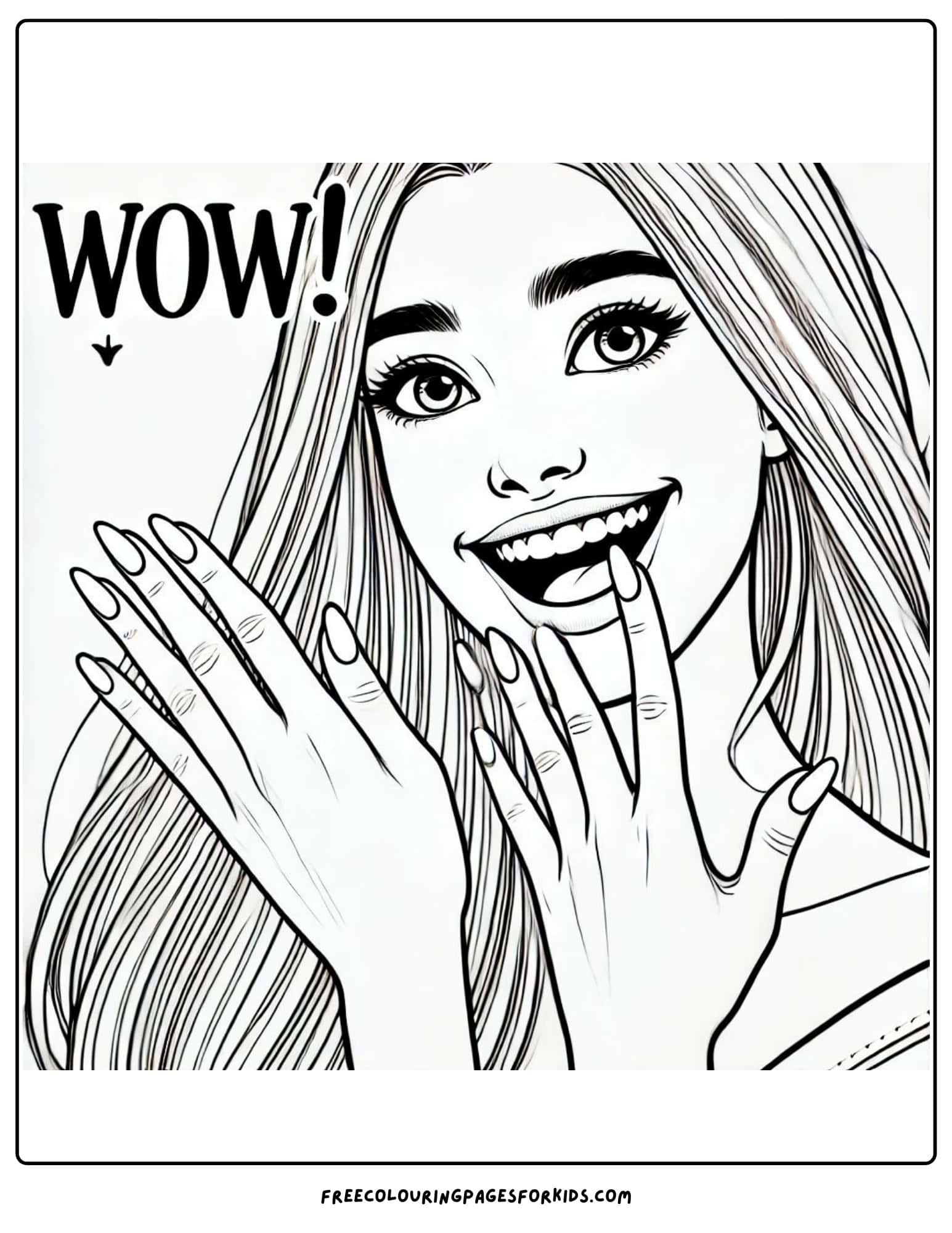 a girl showing her nails done and saying wow coloring page