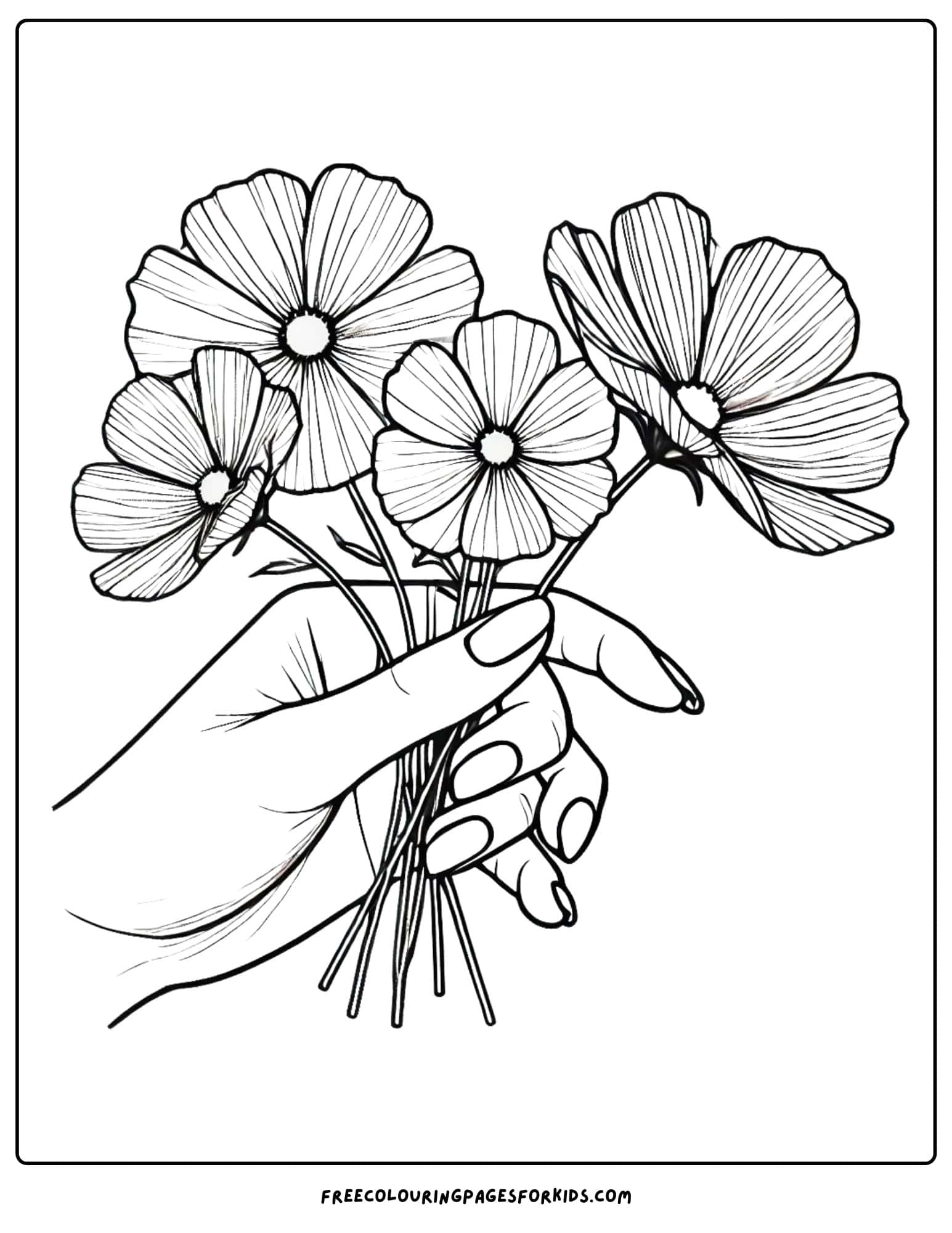 a hand holding a bunch of flowers showing their nails coloring page