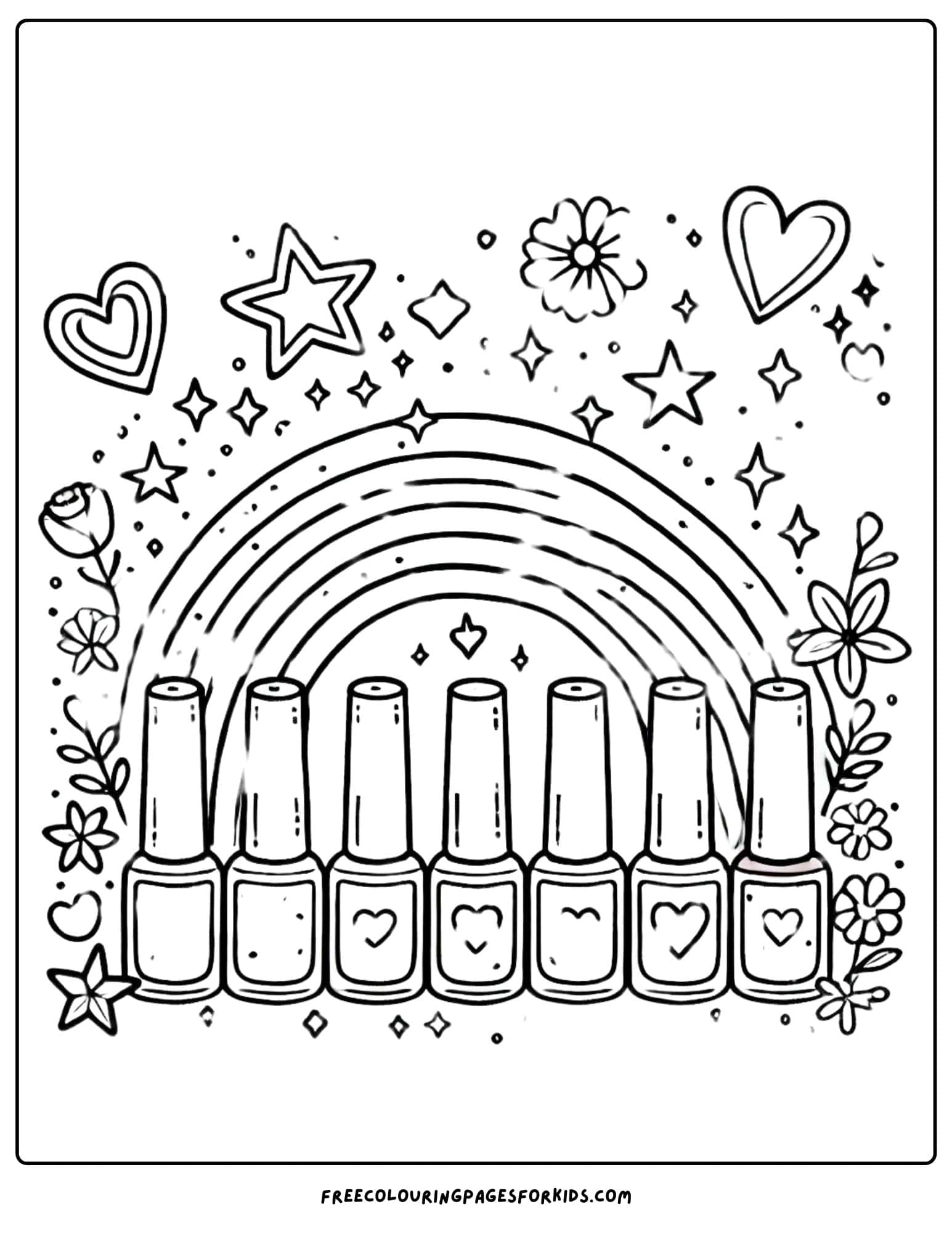 a array of nail polish colors with a rainbow above coloring page