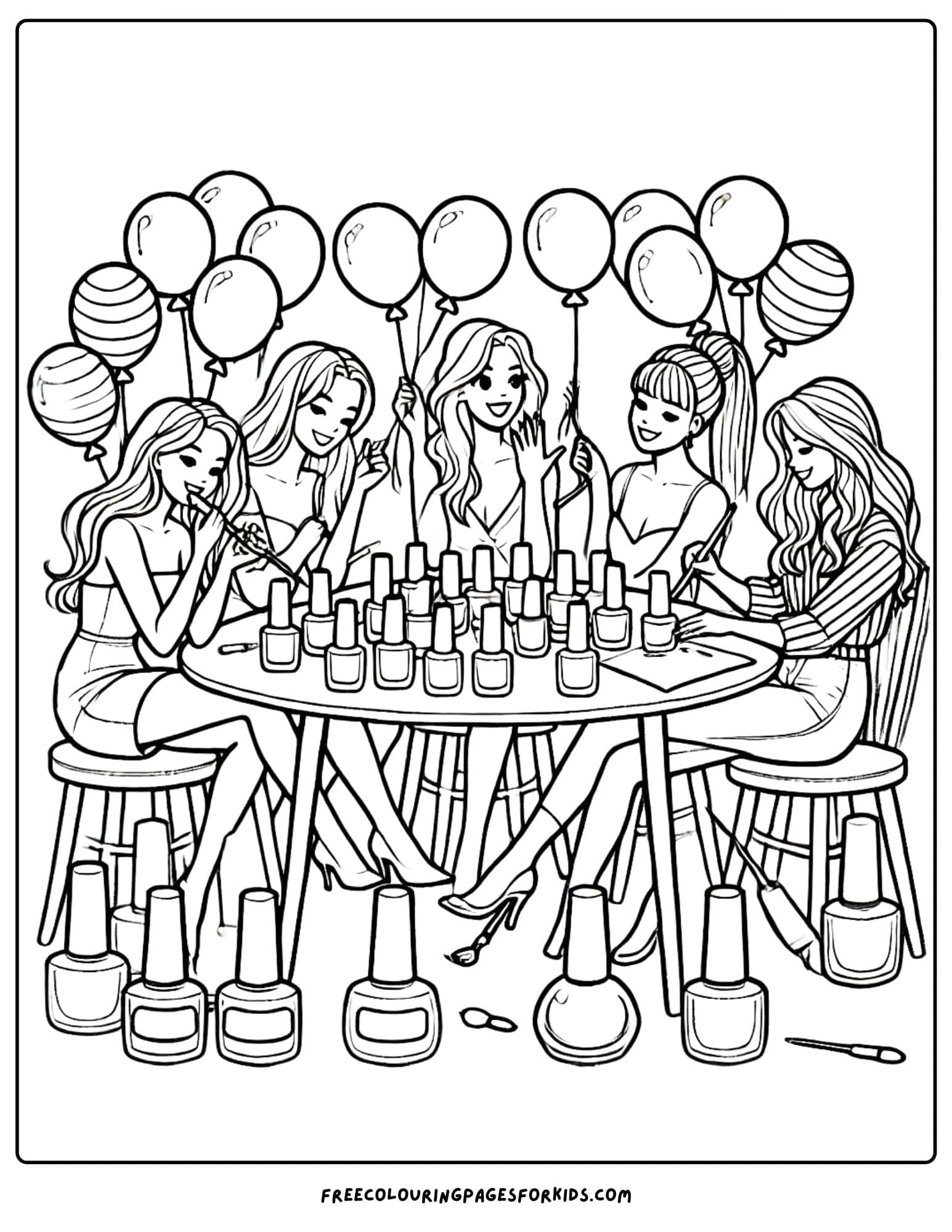 a nail polish party with a bunch of girls coloring page