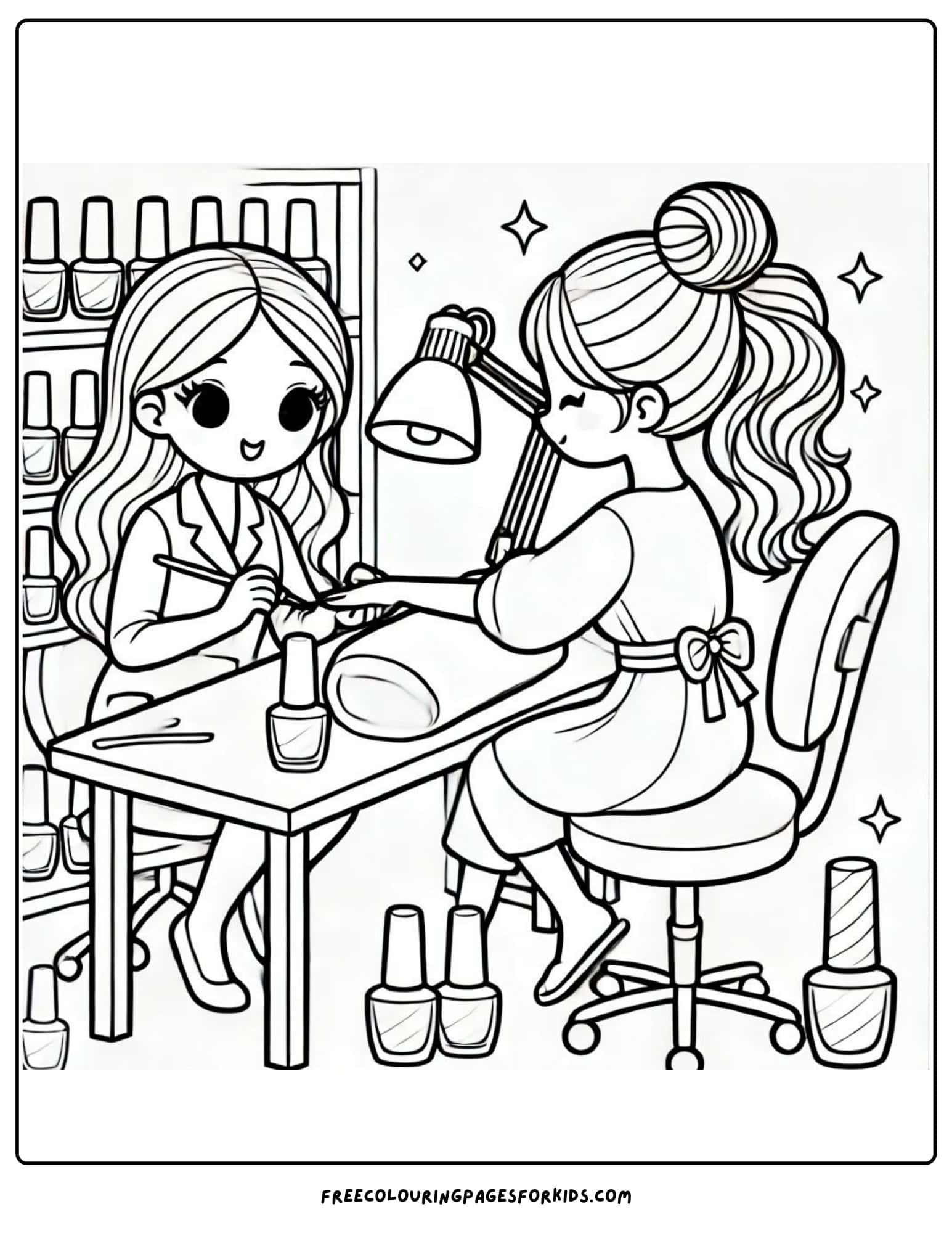 a girl having her nails done in a nail salon coloring page