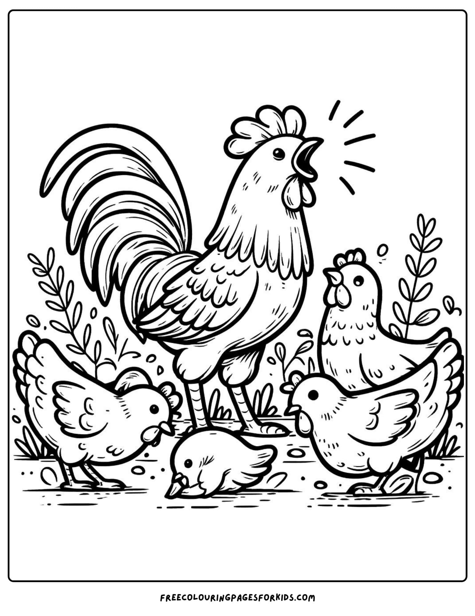 on the farm rooster with chickens coloring page