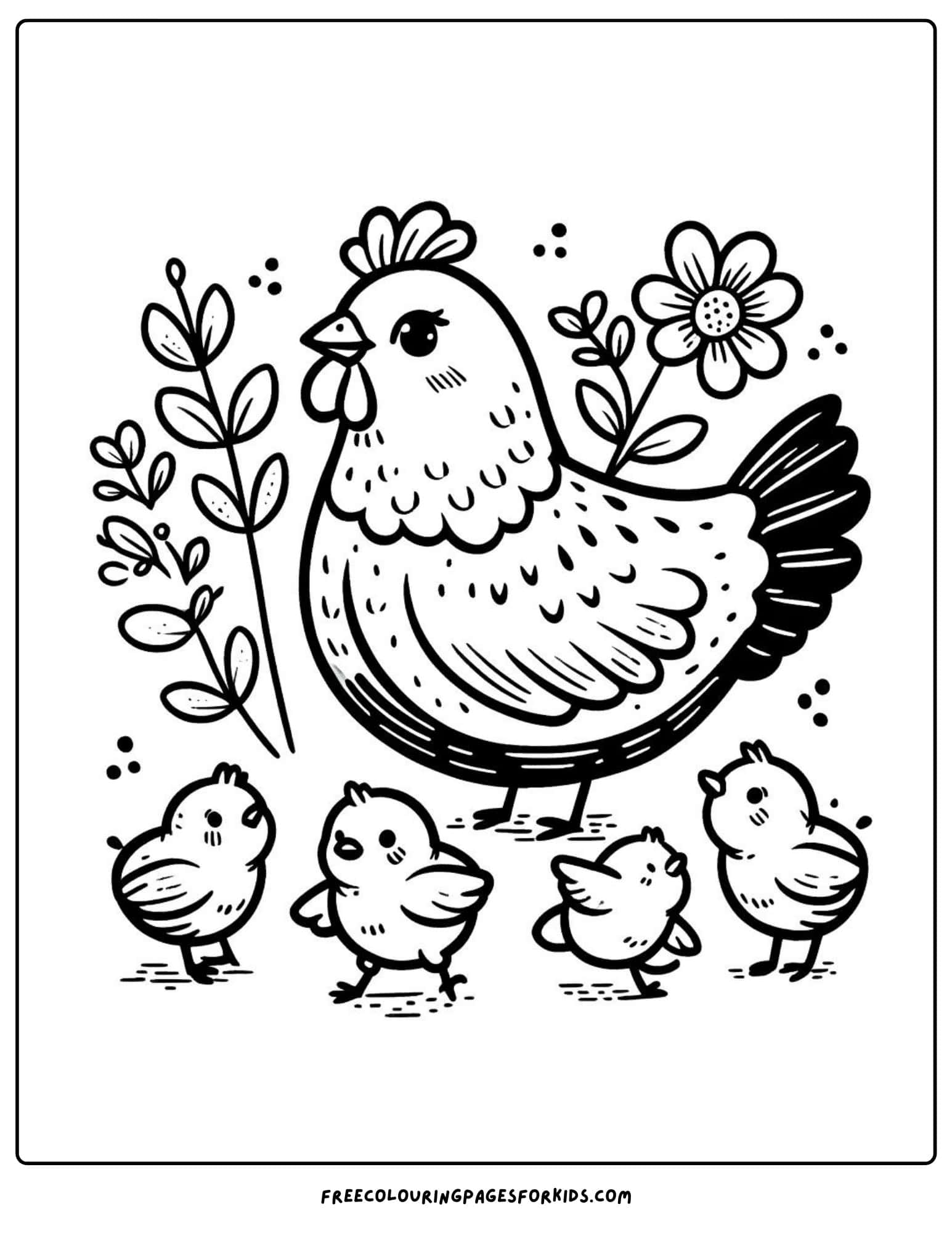 on the farm hen with chicks coloring page