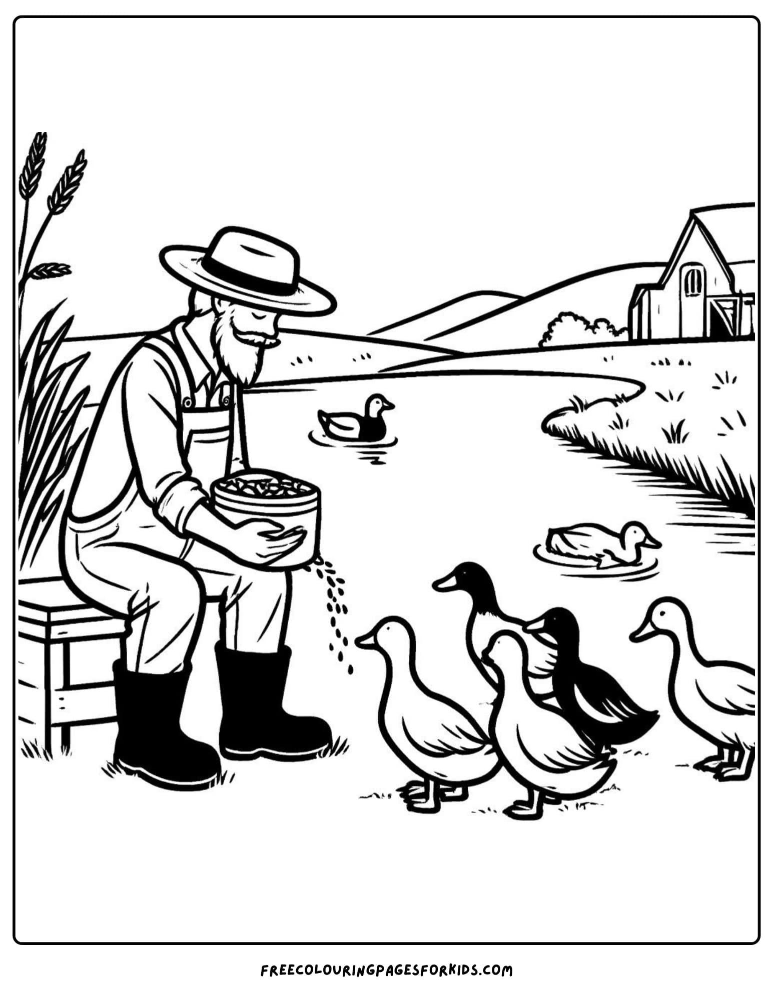 on the farm farmer feeding ducks coloring page