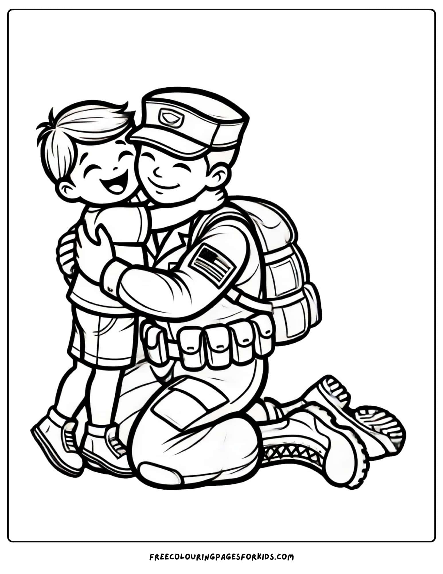 purple heart day soldier hugging child coloring page