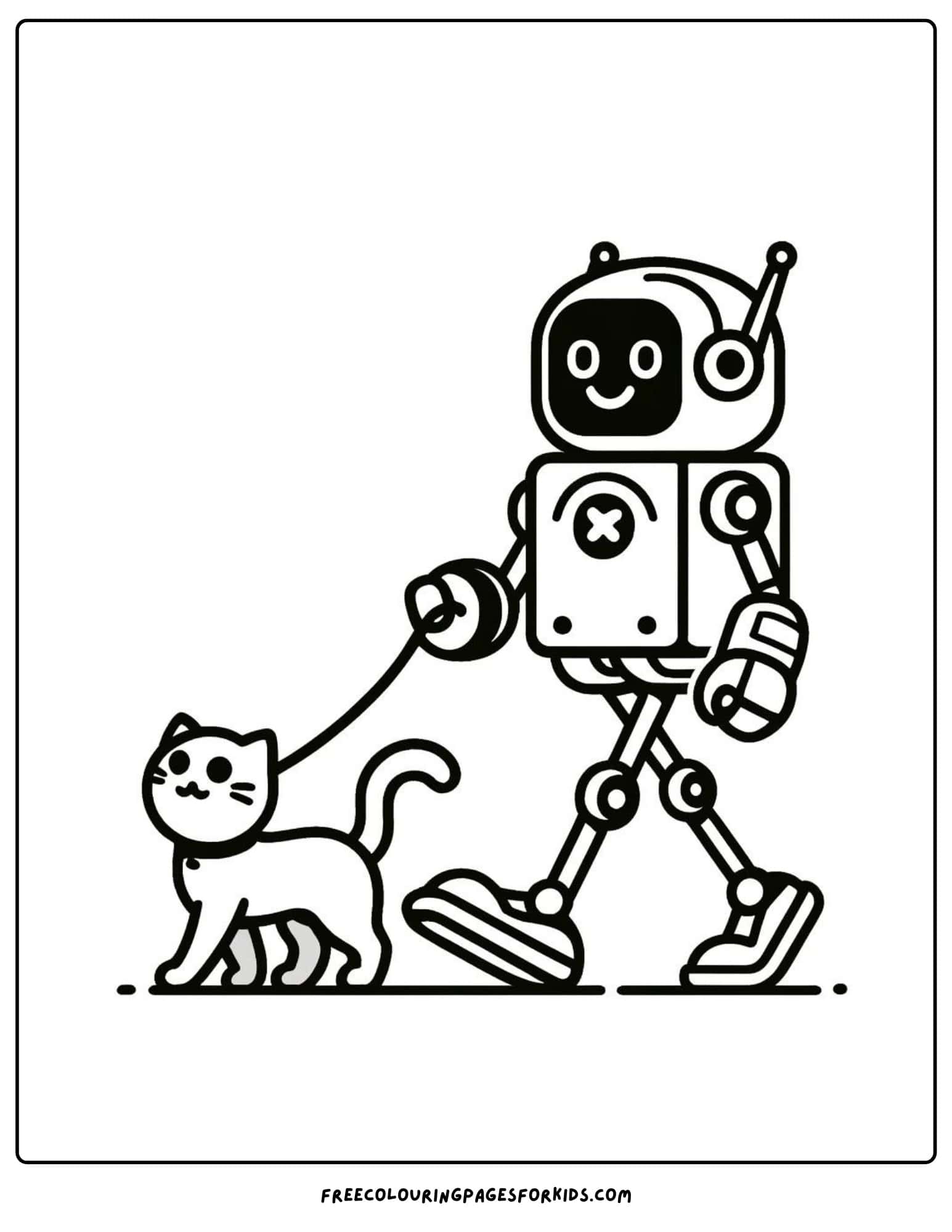 robot walking a pet coloring page