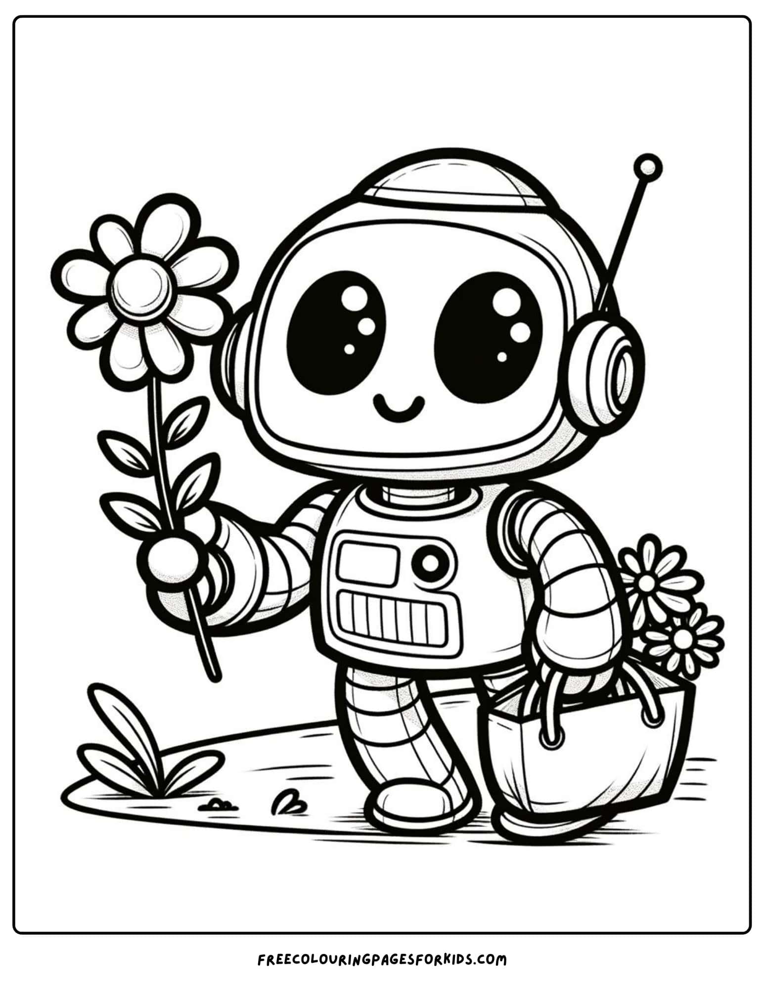 robot with flowers coloring page