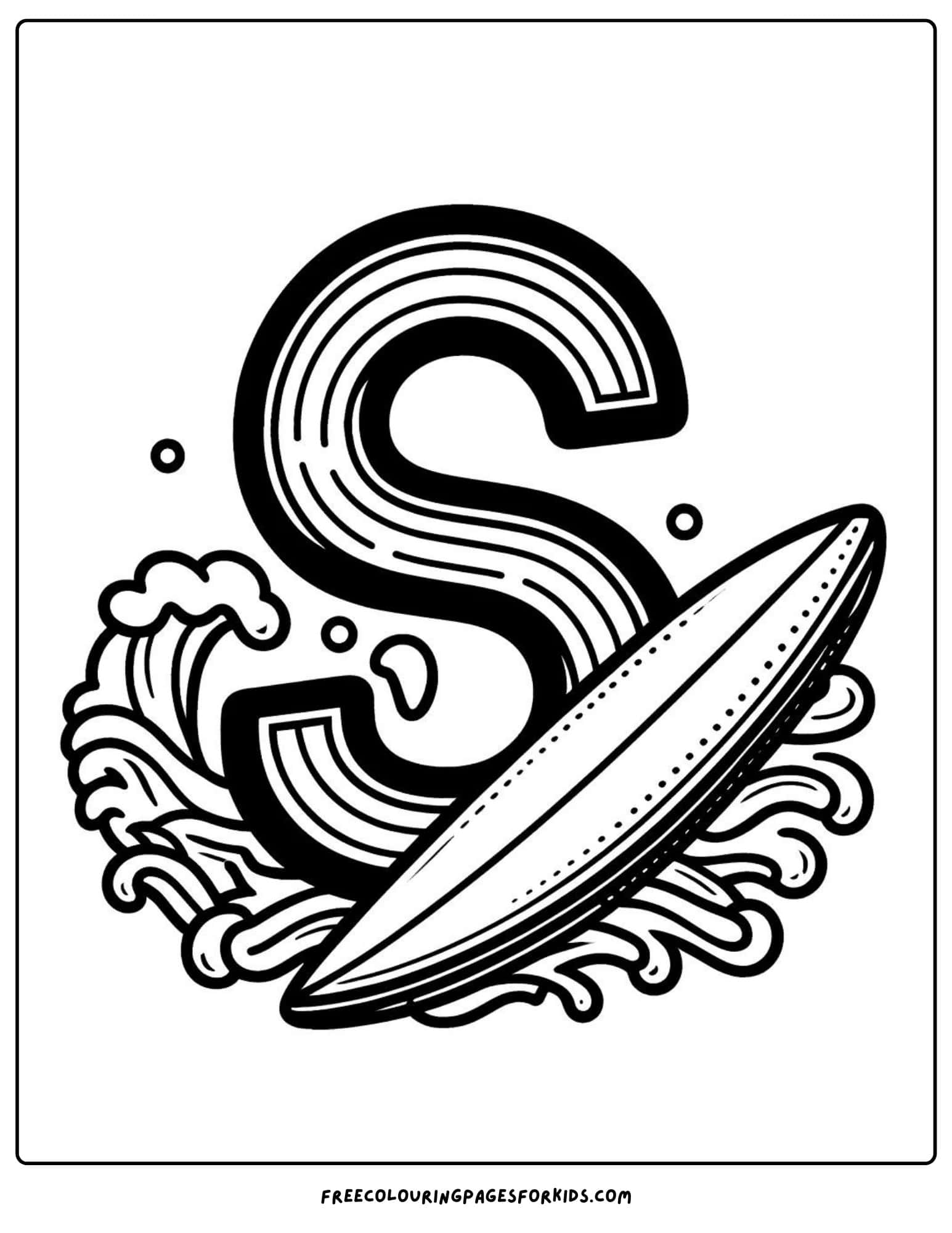 letter S for surfboard coloring page