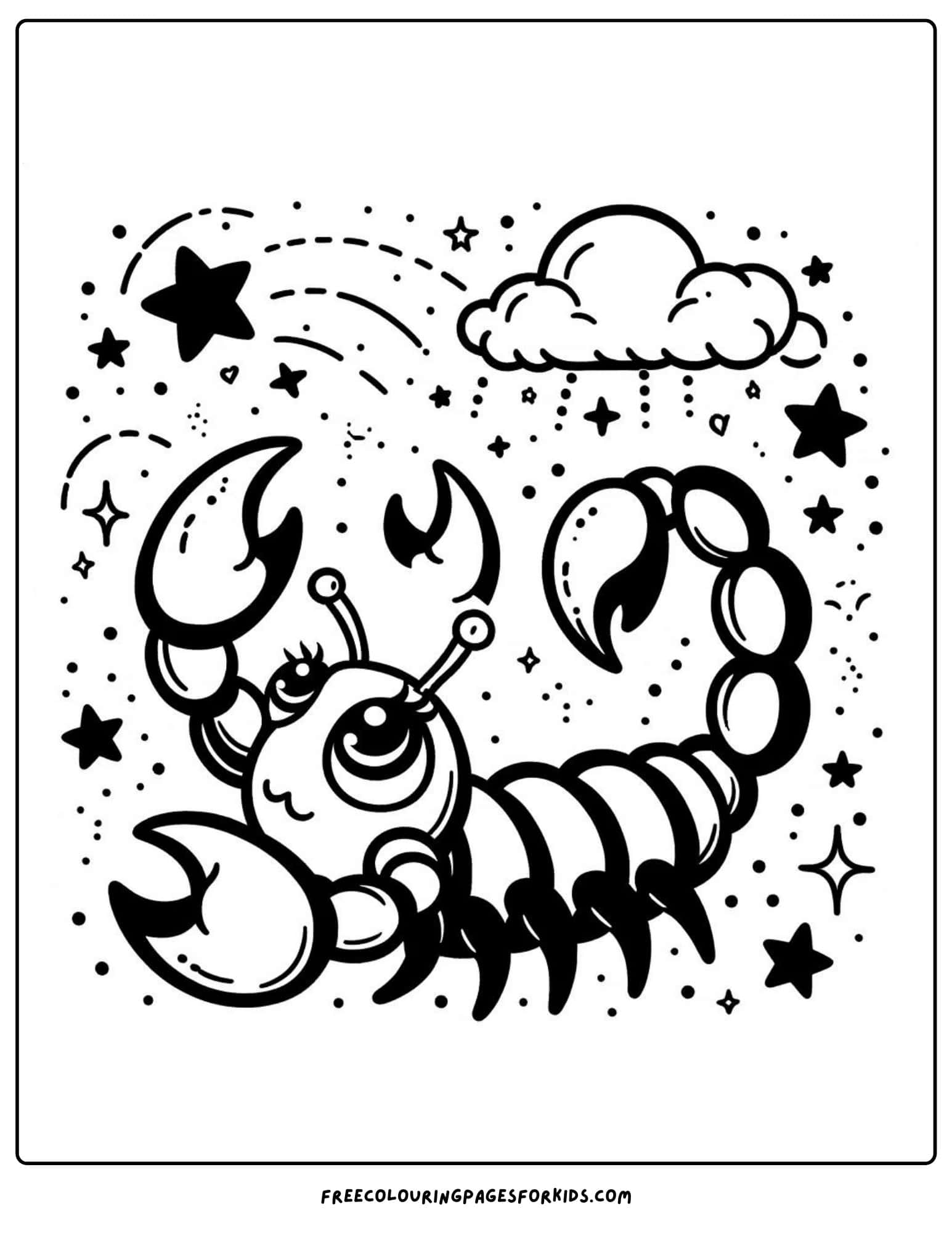 scorpion under a starry night sky coloring page