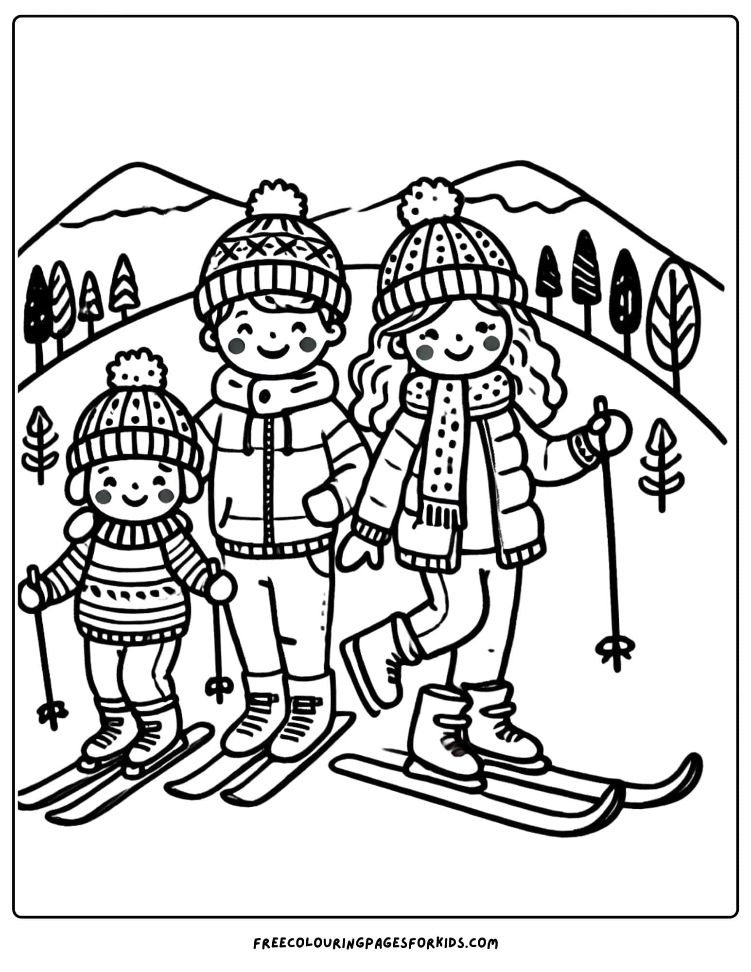 skiing family coloring page