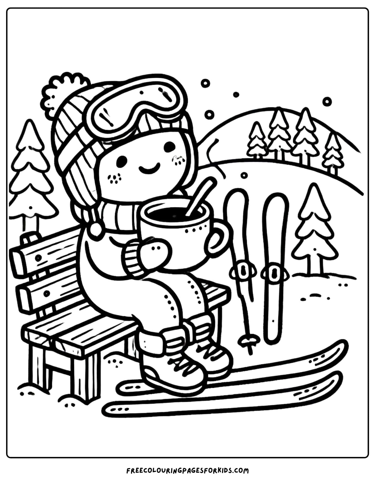 skiing having a hot cocoa coloring page