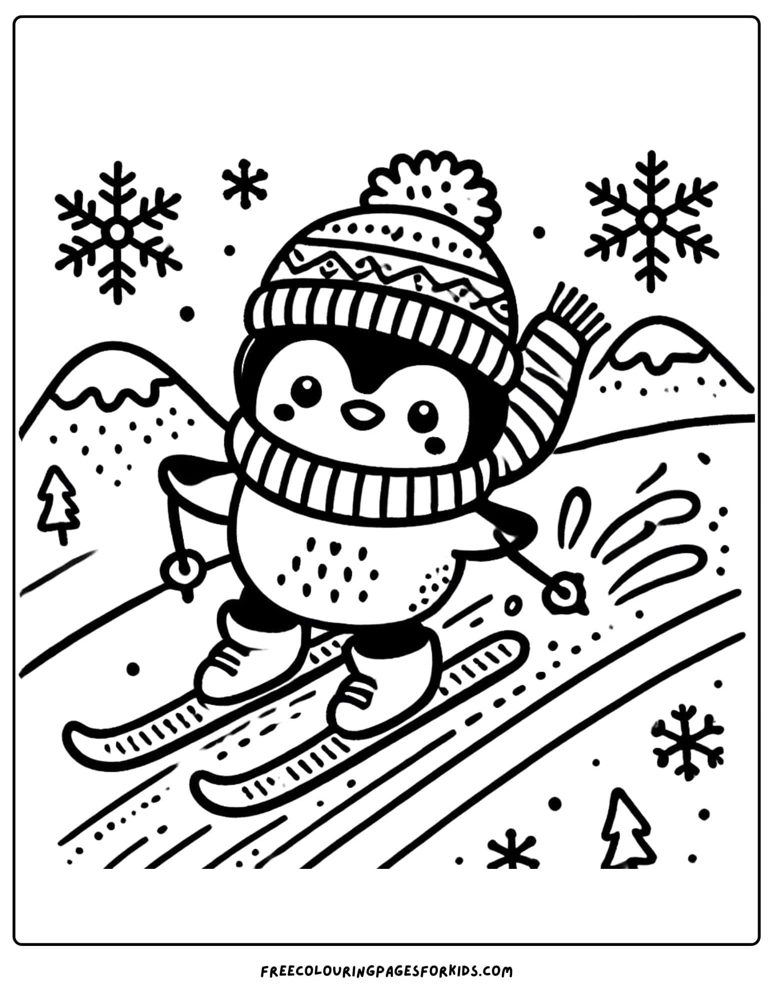 skiing penguin coloring page