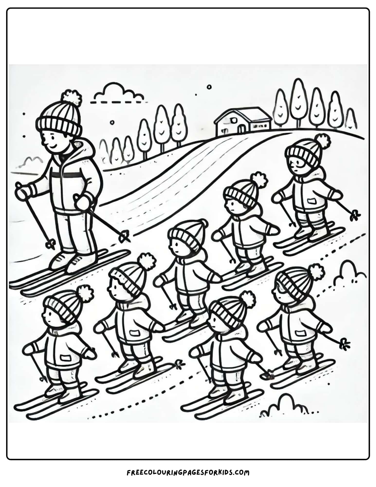 skiing family coloring page