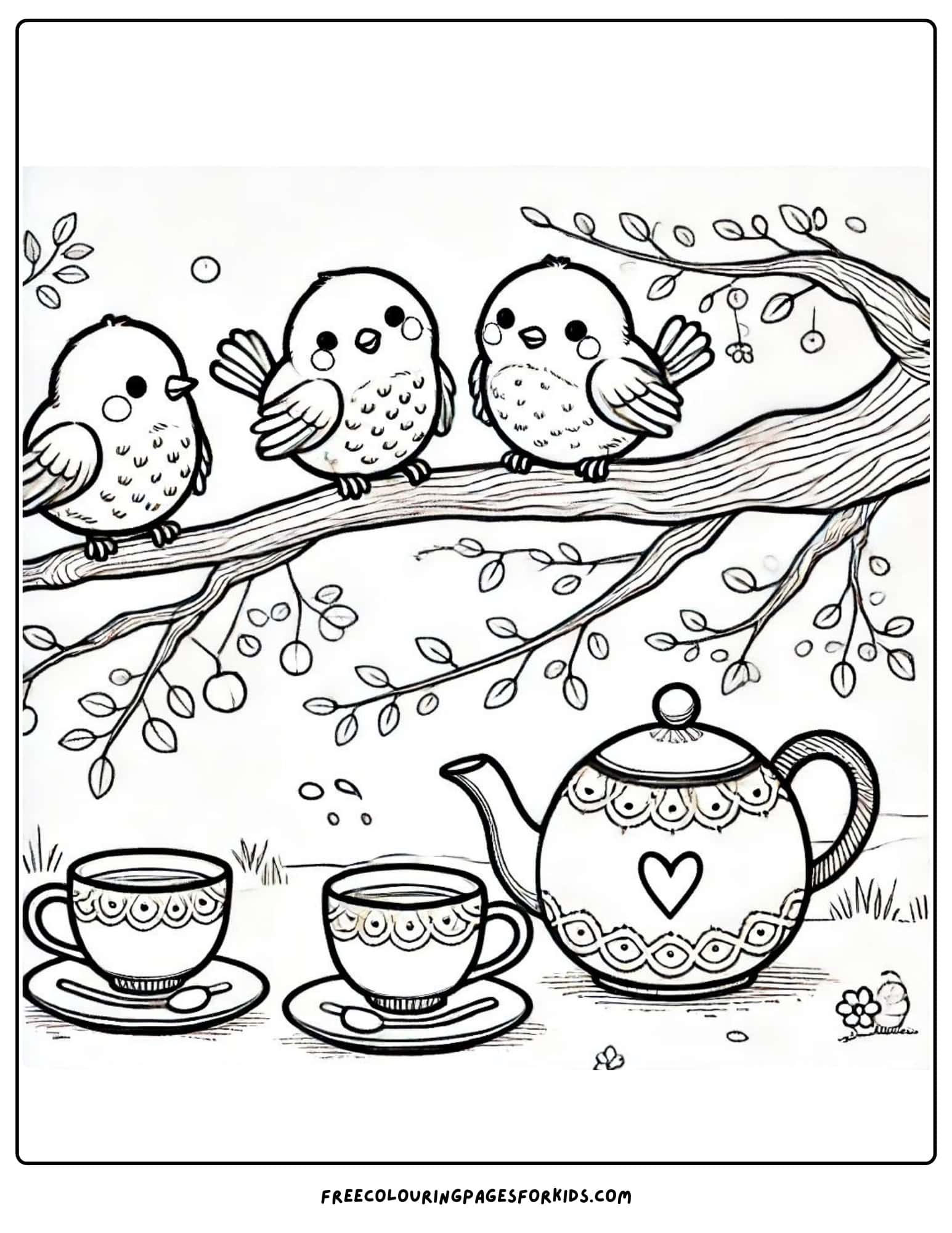 tea party birds having tea coloring page