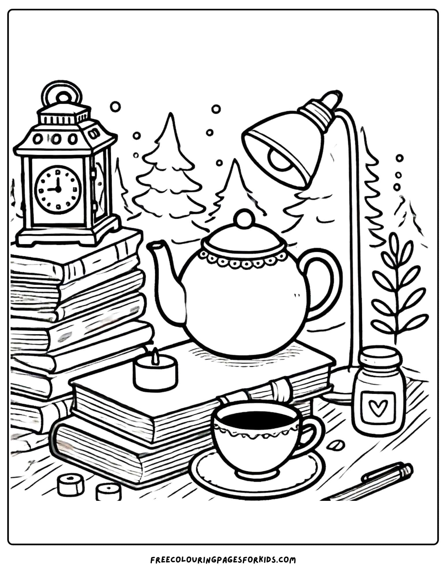 tea party tea and books coloring page