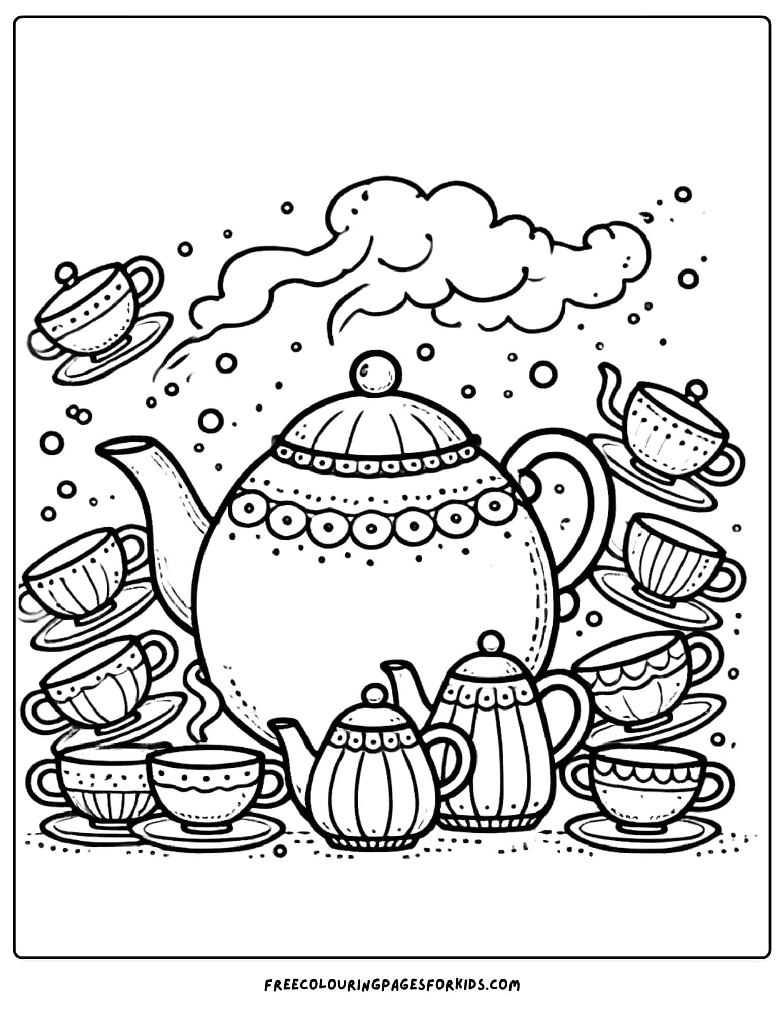 tea party teapot and teacups coloring page