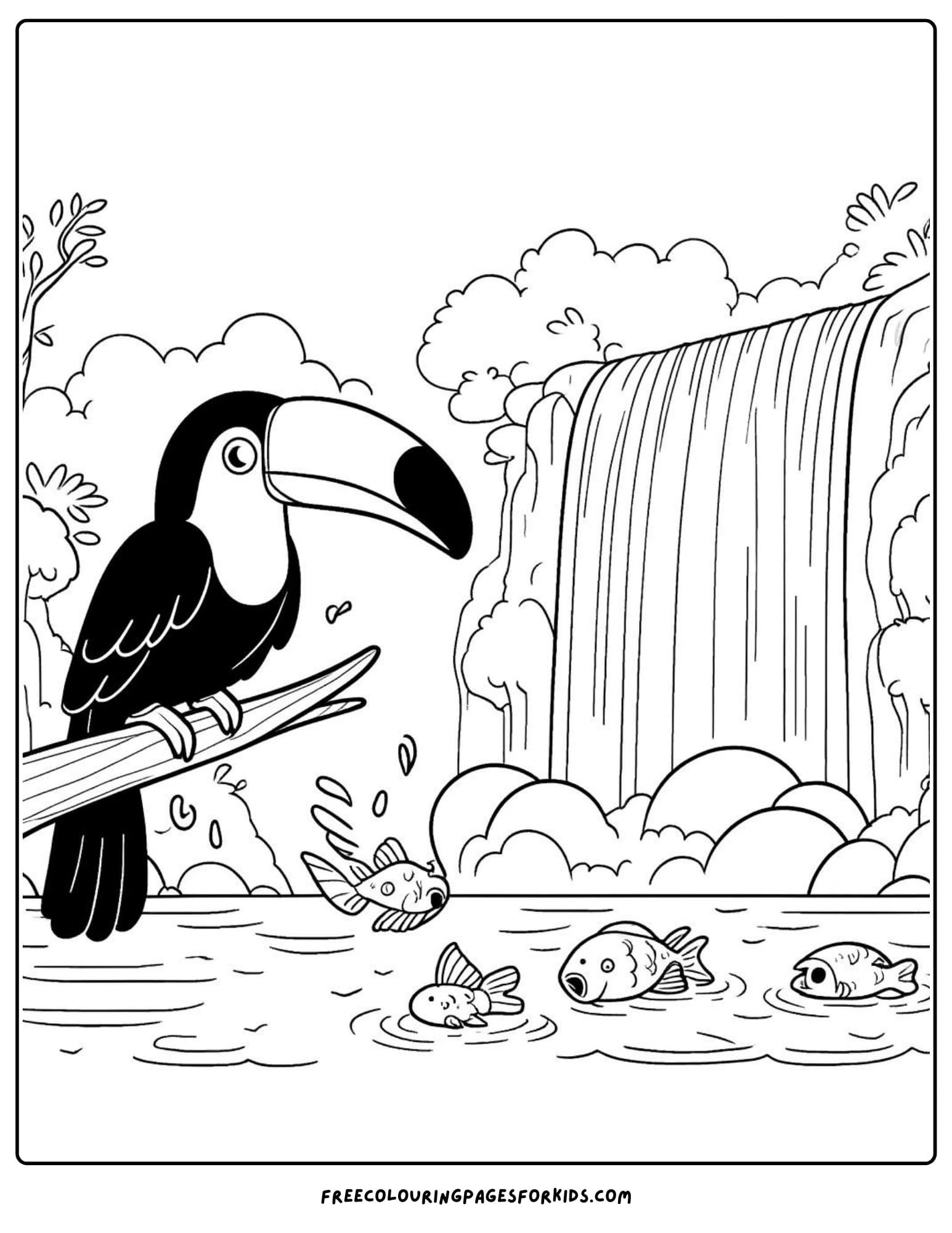 toucan at a waterfall coloring page