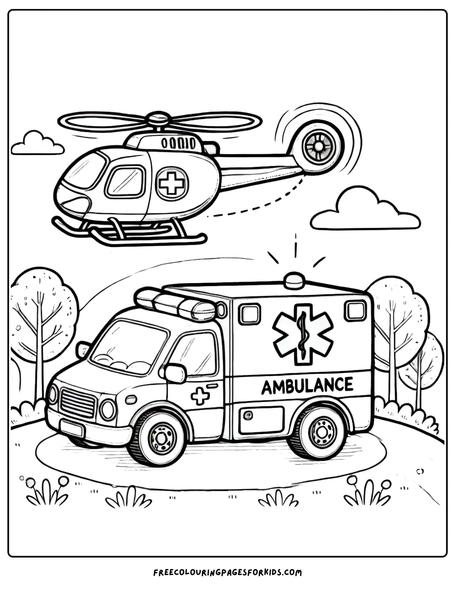 ambulance and a helicopter above coloring page