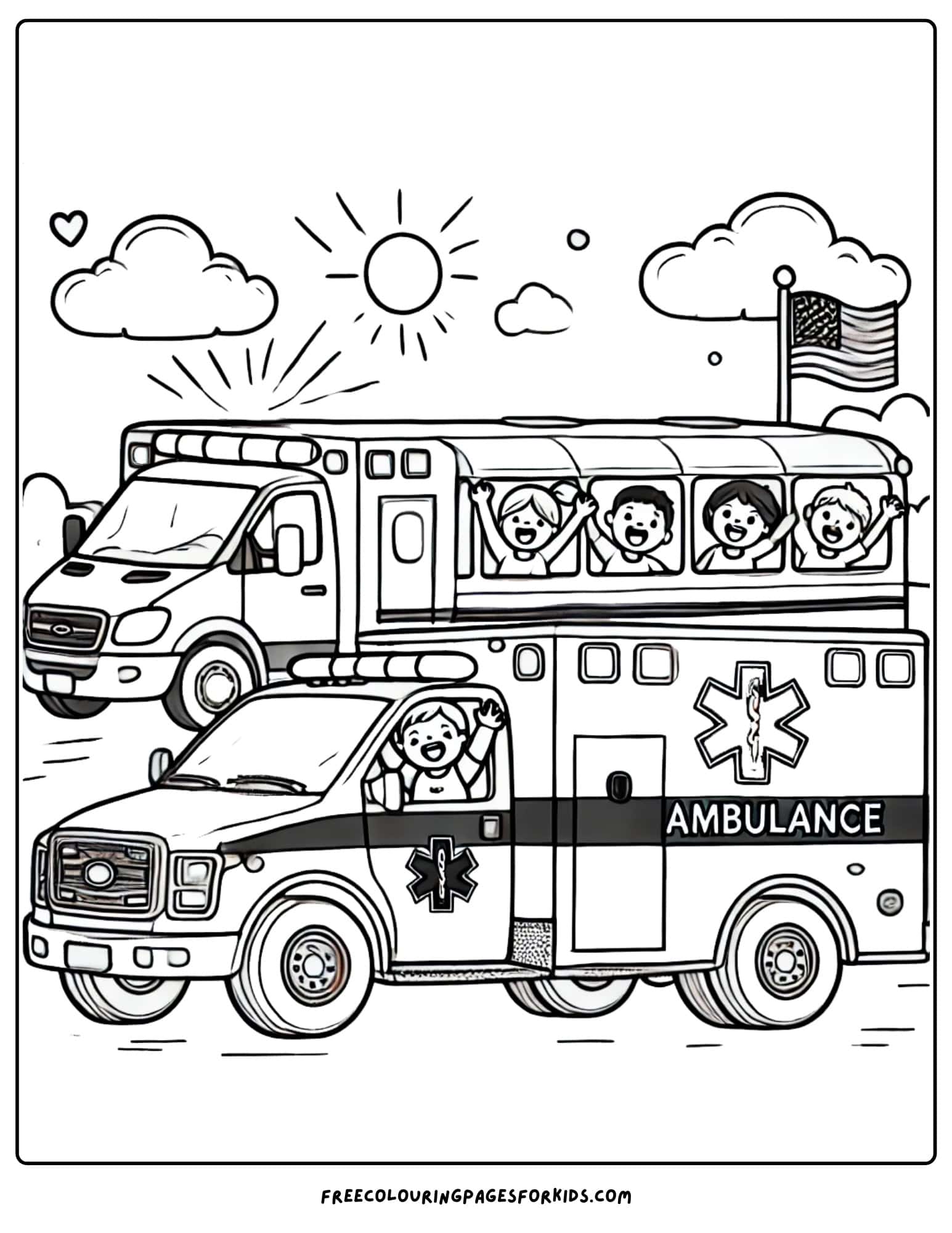 ambulance and a school. bus with kids coloring page