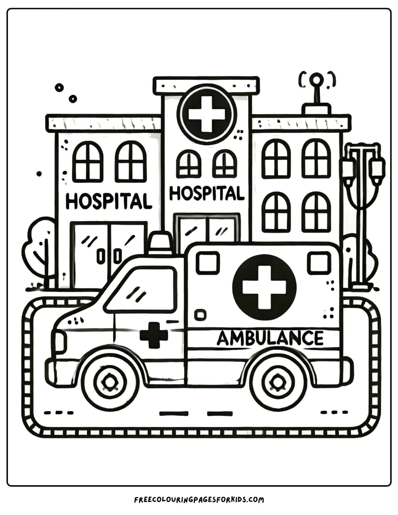 ambulance parked outside a hospital coloring page