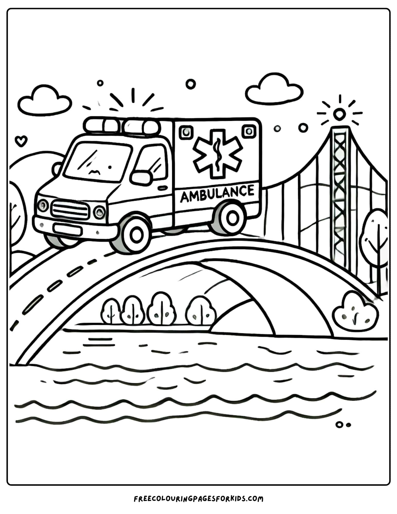 ambulance on a bridge coloring page