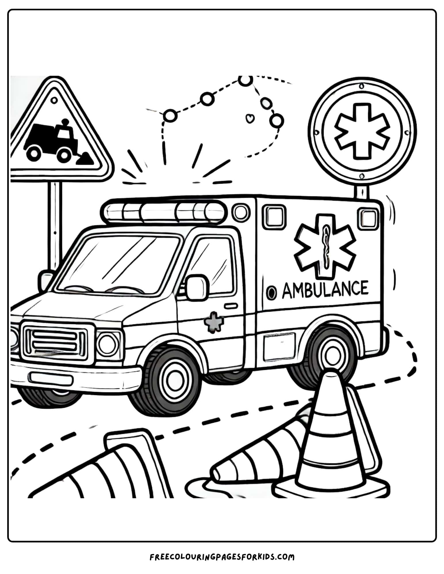 ambulance and traffic cones coloring page