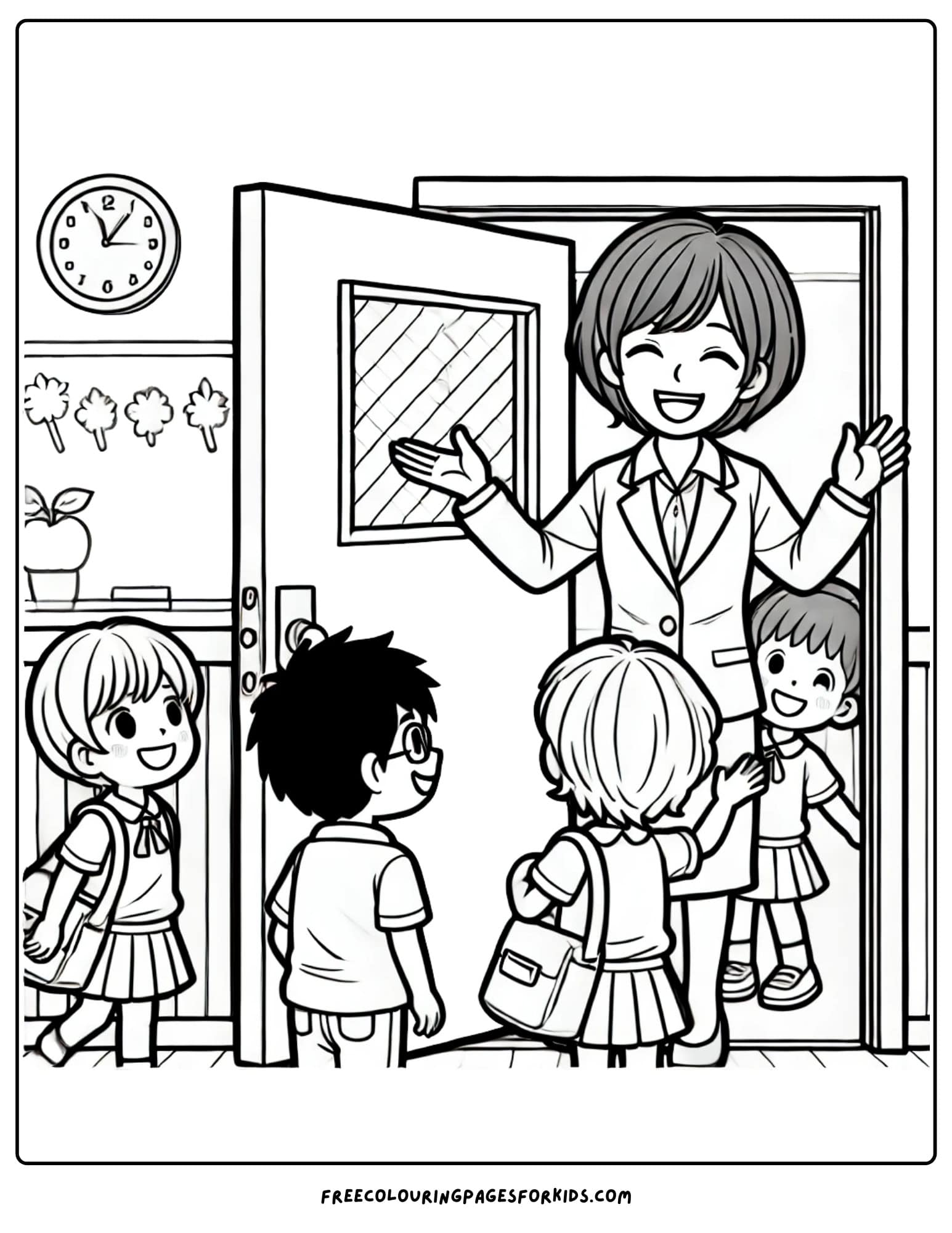 back to school teacher and students coloring page