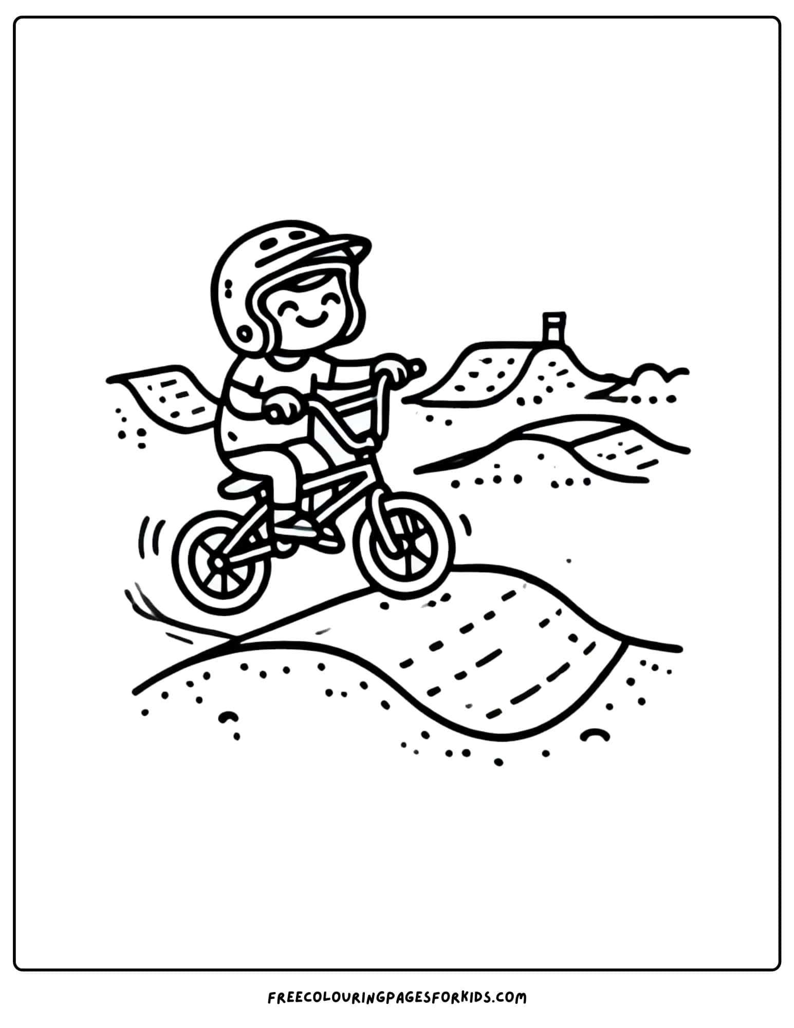 bmx bike riding over dirt track coloring page