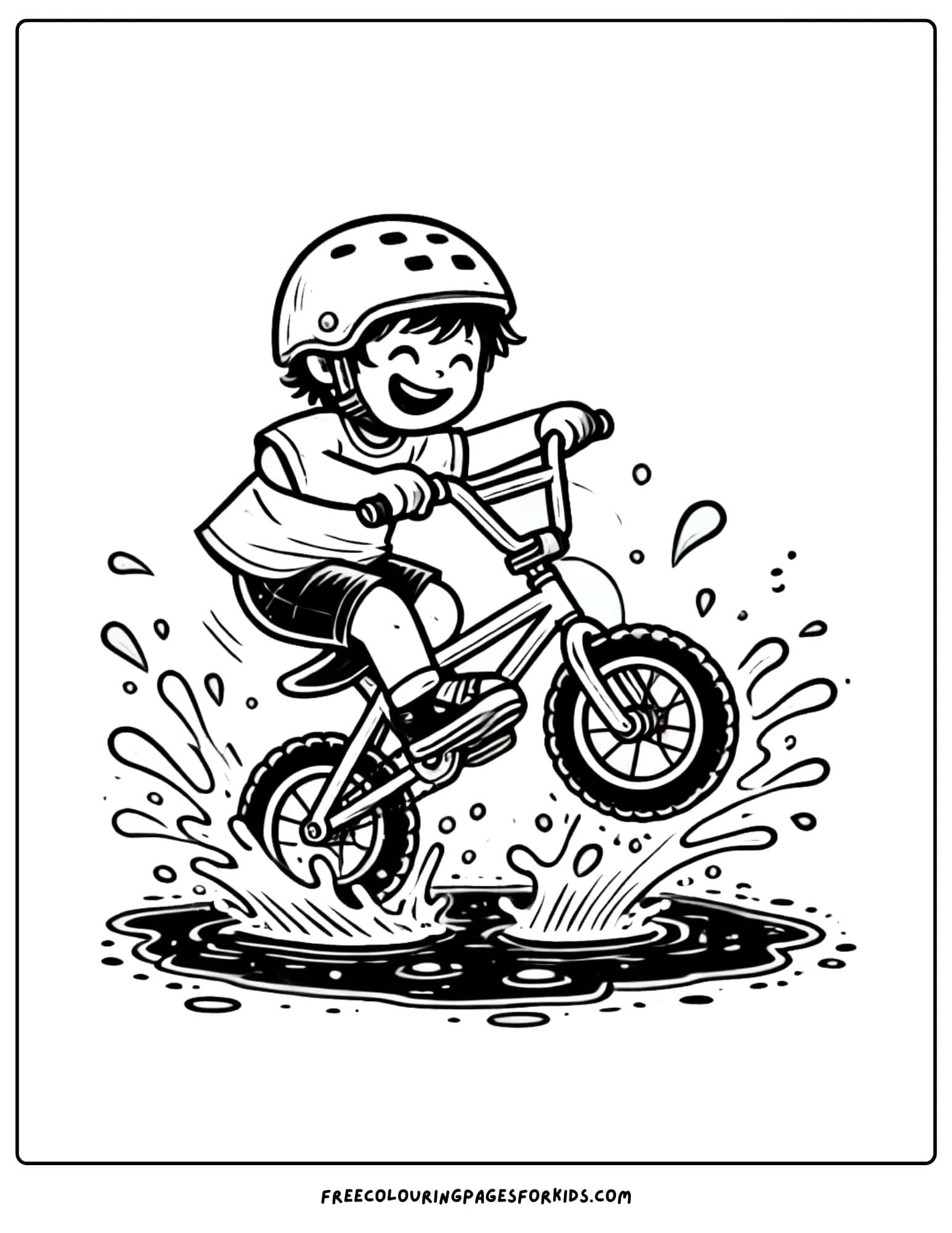 bmx bike riding in puddles coloring page