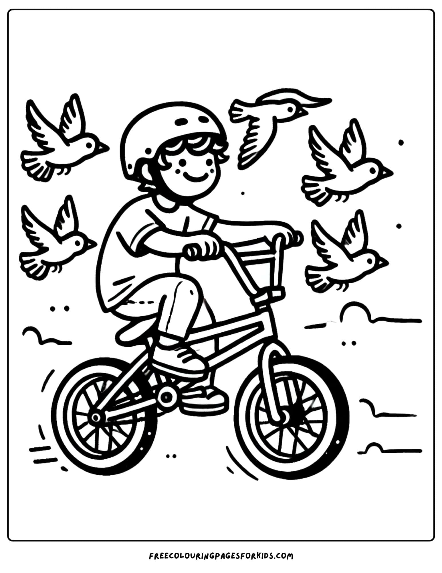 bmx bike riding with birds coloring page