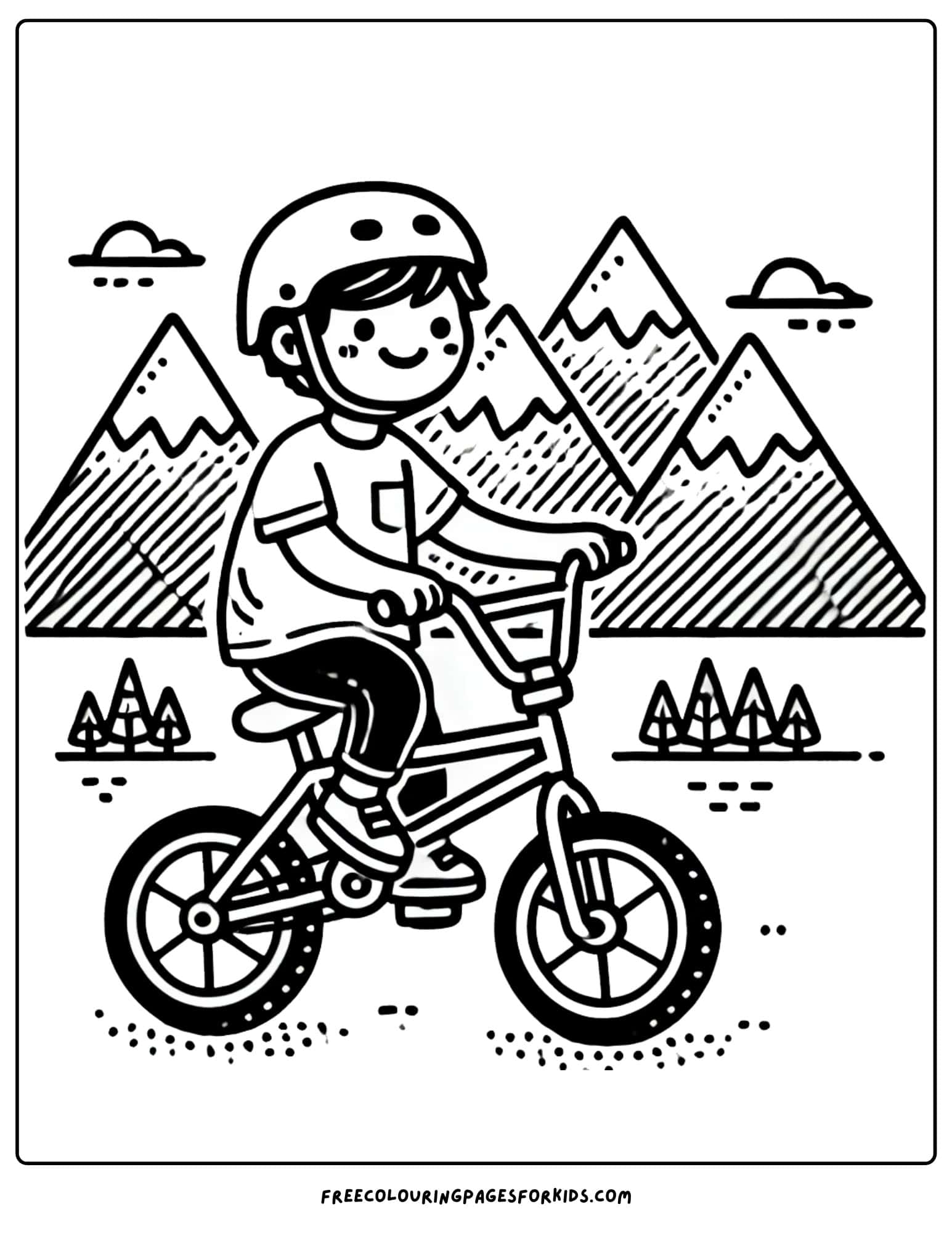 bmx bike riding with mountains coloring page